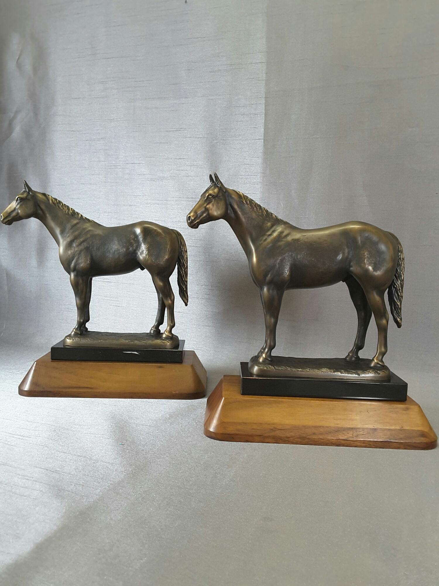 Pair of Solid Bronze American Quarter Horses on Marble and Walnut Bases 5