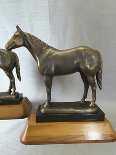 Paire de Quarter Horses américains en bronze massif sur socle en marbre et noyer