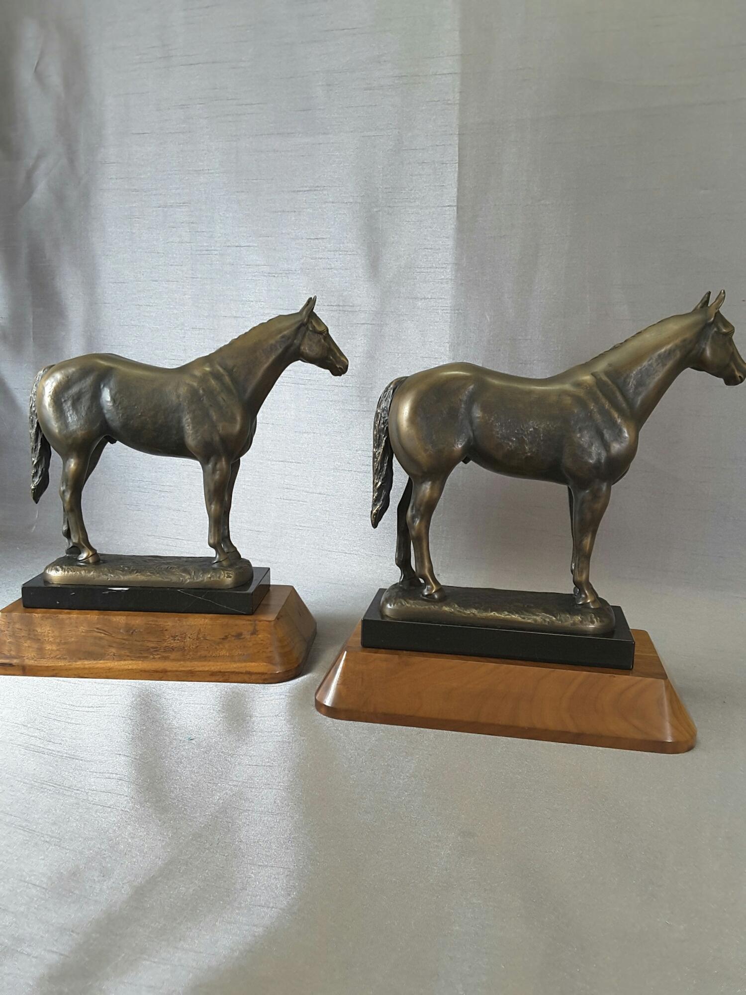 American Classical Pair of Solid Bronze American Quarter Horses on Marble and Walnut Bases