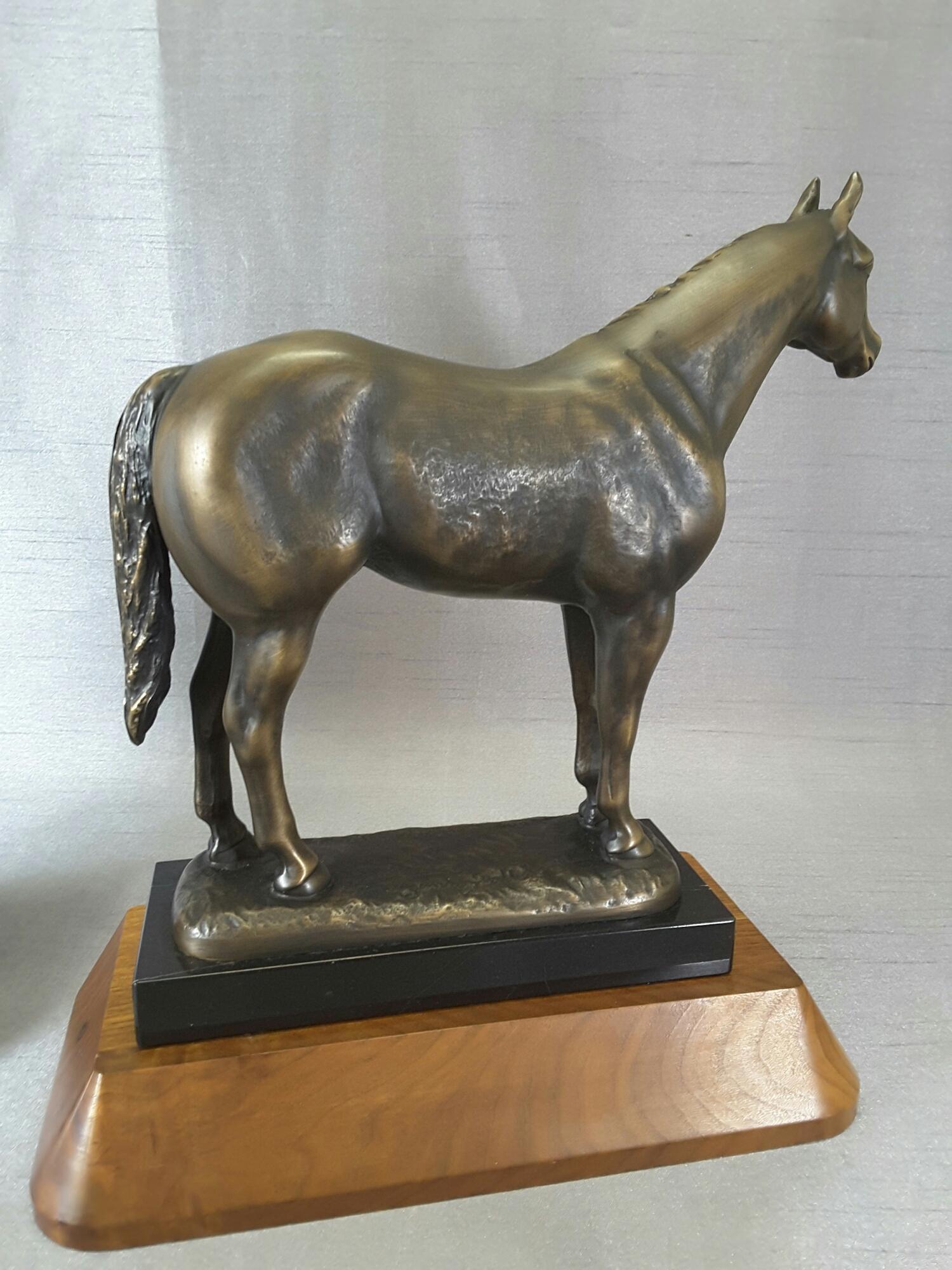 Metalwork Pair of Solid Bronze American Quarter Horses on Marble and Walnut Bases