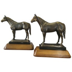Pair of Solid Bronze American Quarter Horses on Marble and Walnut Bases