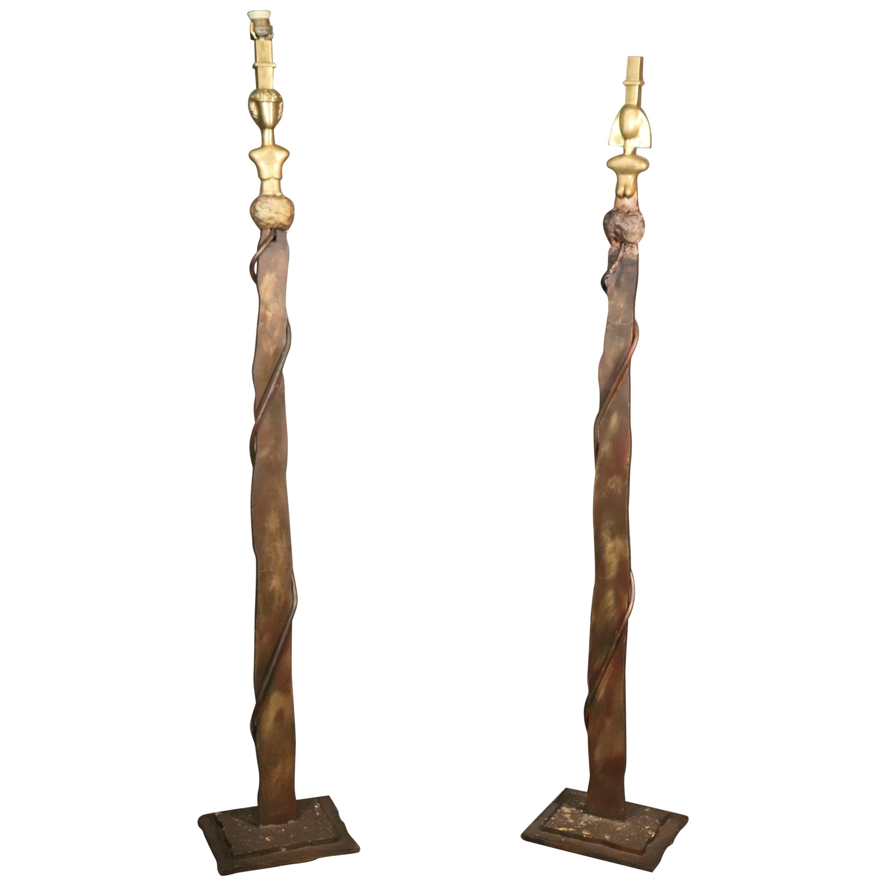 Pair of Solid Bronze and Iron Man and Woman Figurative Studio Art Floorlamps