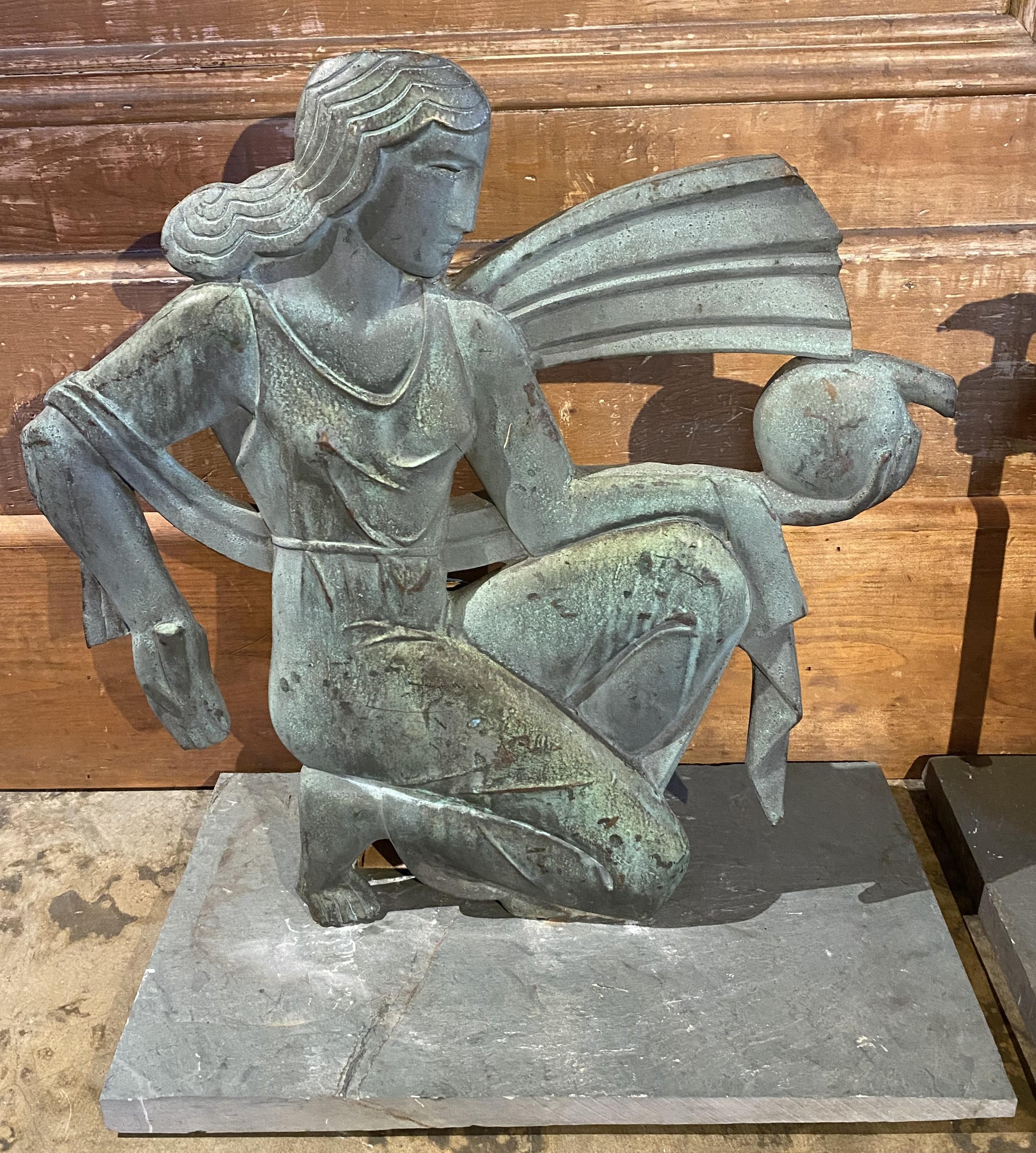 American Pair of Solid Bronze Architectural Art Deco Figures From a Chicago Balcony c1925 For Sale