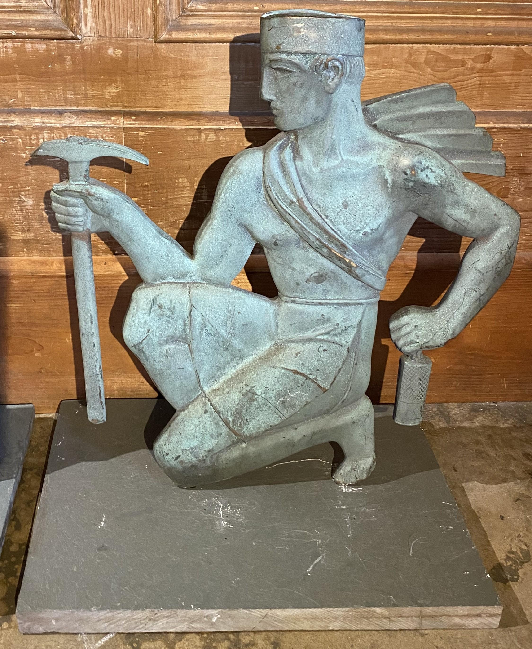 Cast Pair of Solid Bronze Architectural Art Deco Figures From a Chicago Balcony c1925 For Sale
