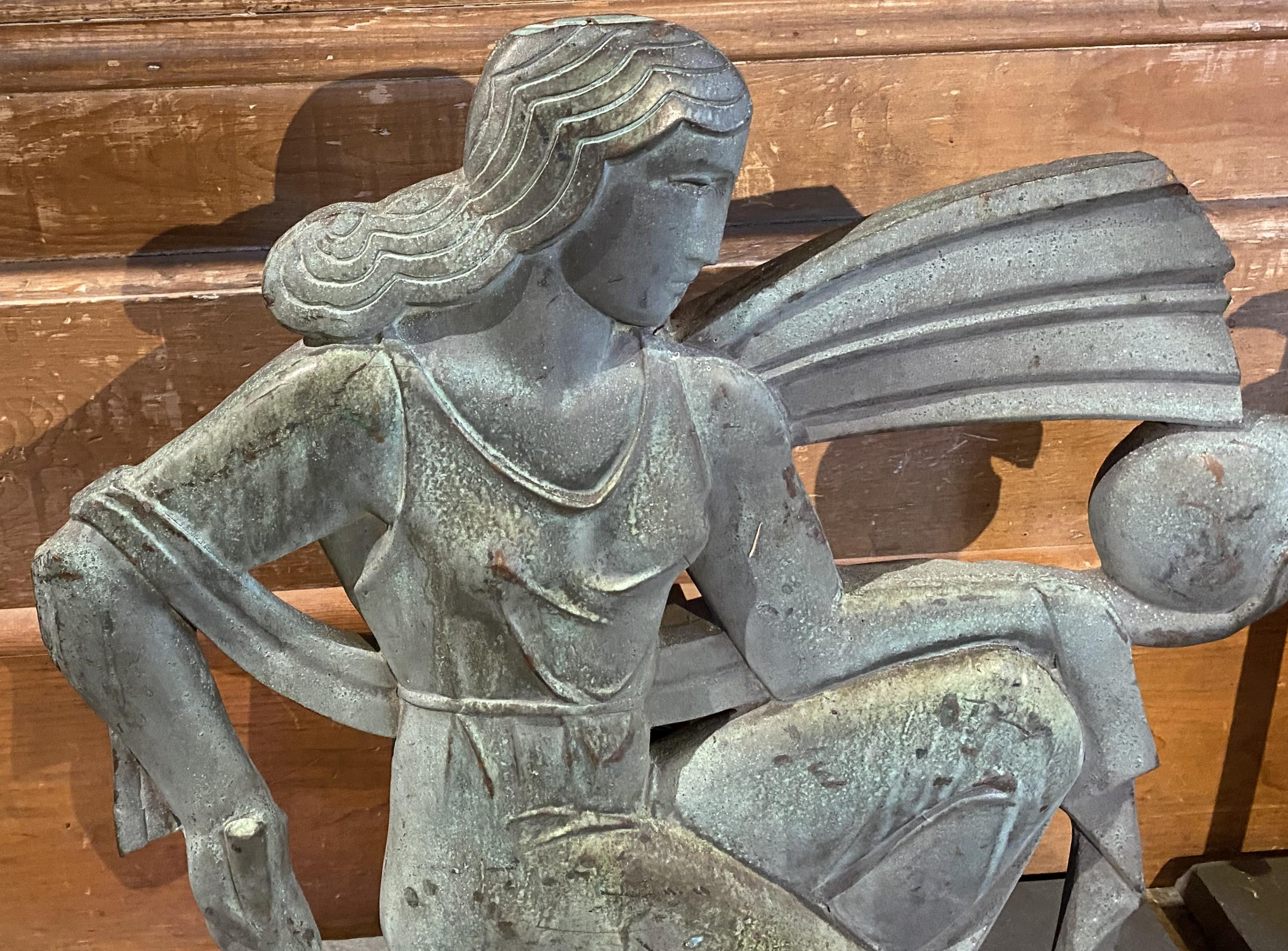 Pair of Solid Bronze Architectural Art Deco Figures From a Chicago Balcony c1925 In Good Condition For Sale In Milford, NH