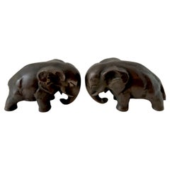 Retro Pair of Solid Bronze Elephant Bookends