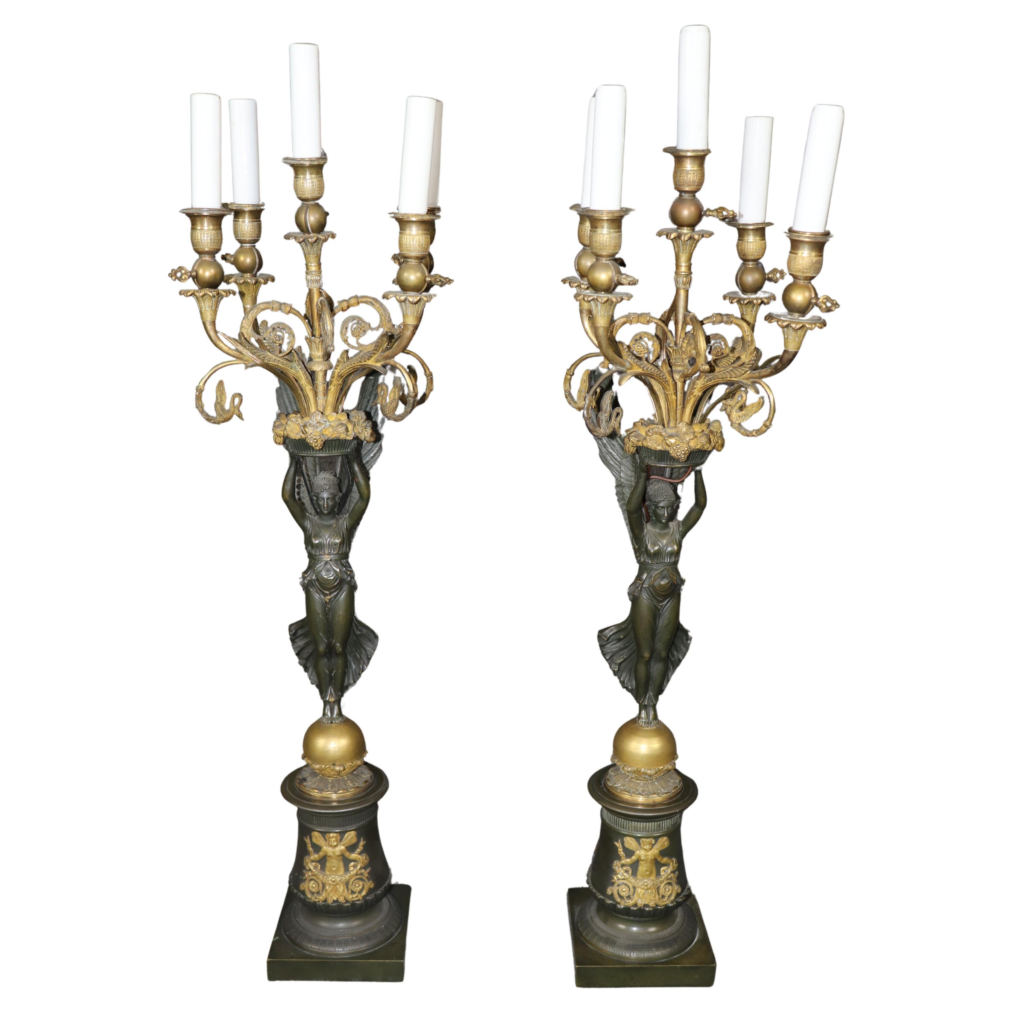 Pair of Solid Bronze French 19th century Empire Style Figural Table Lamps