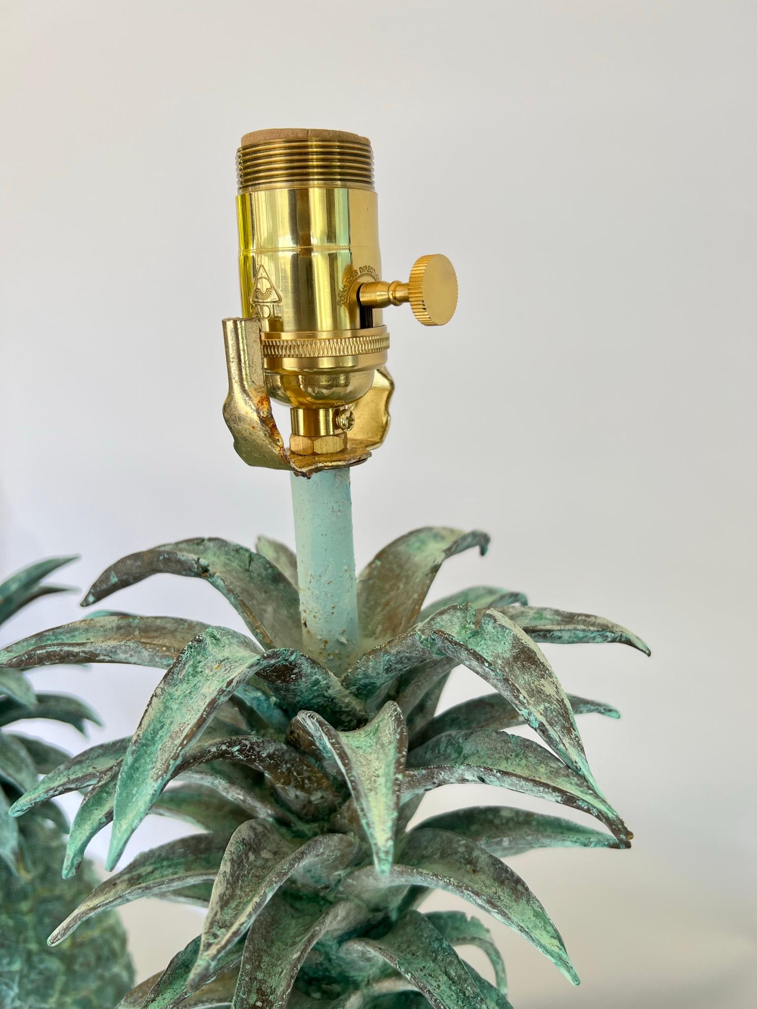 Pair of Solid Bronze Pineapples with Verdigris Finish, Lamped on Lucite Bases 5