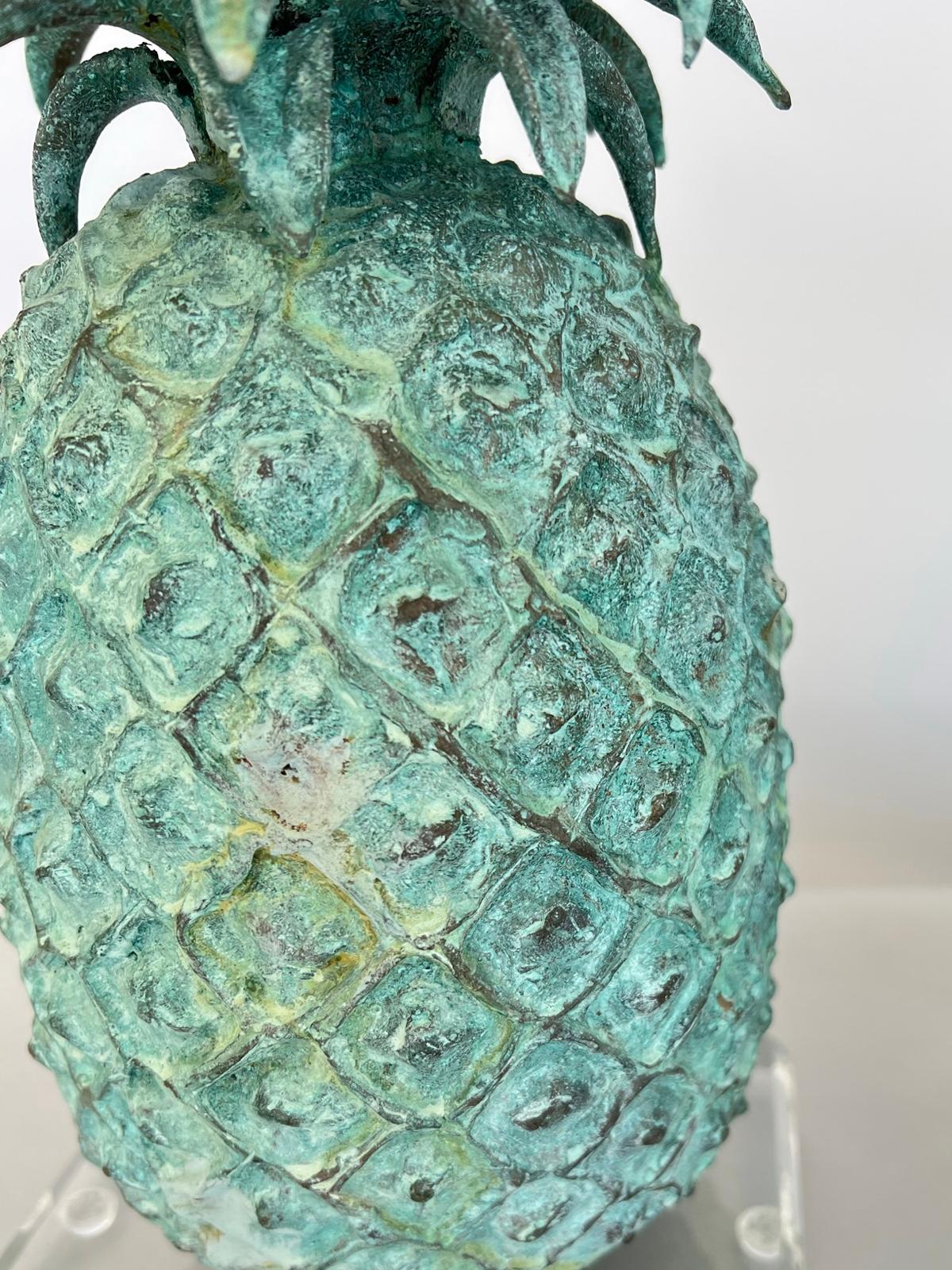 Pair of Solid Bronze Pineapples with Verdigris Finish, Lamped on Lucite Bases For Sale 1