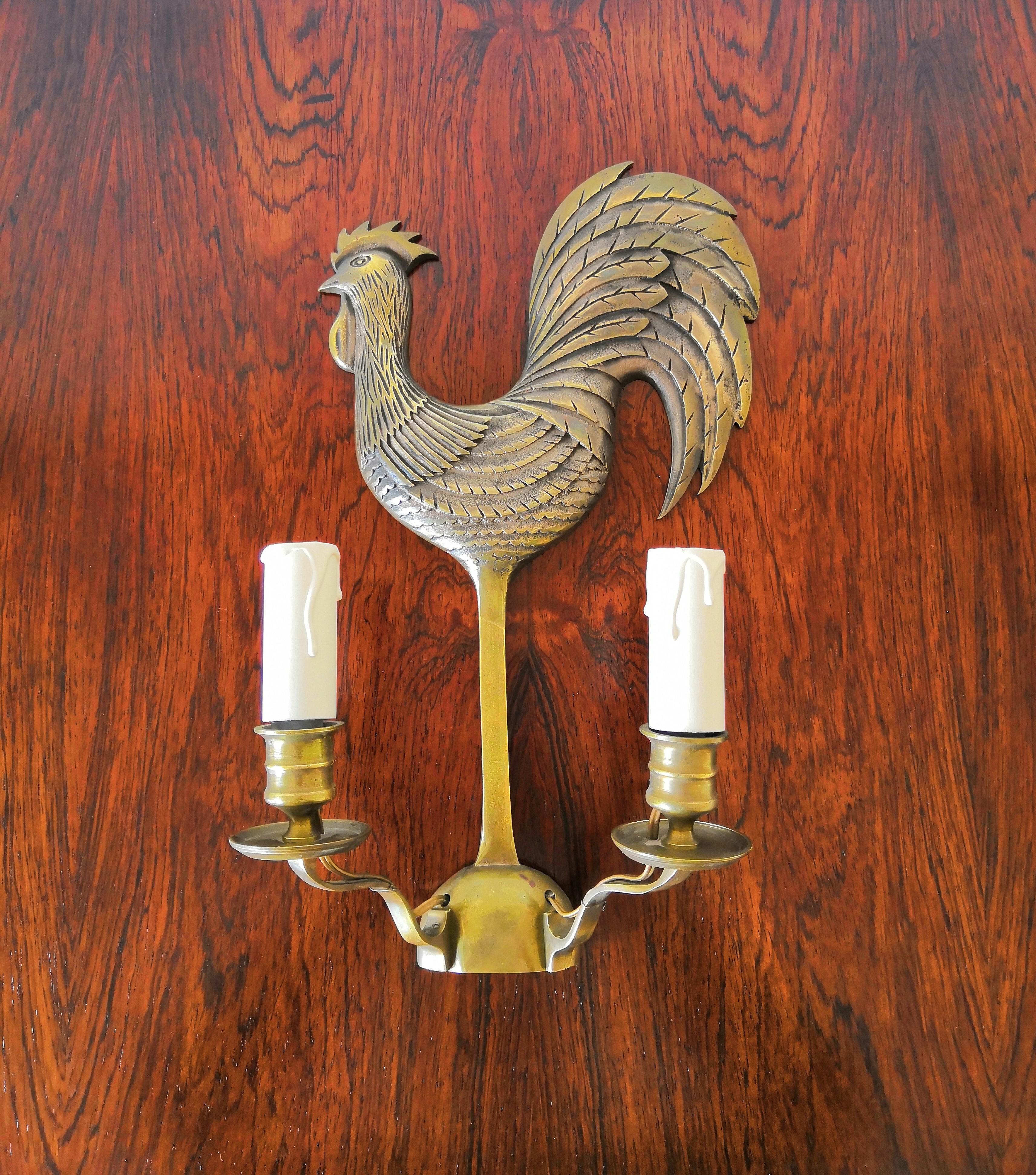 French Pair of Solid Bronze Rooster Shaped Wall Lights, France, 1970s