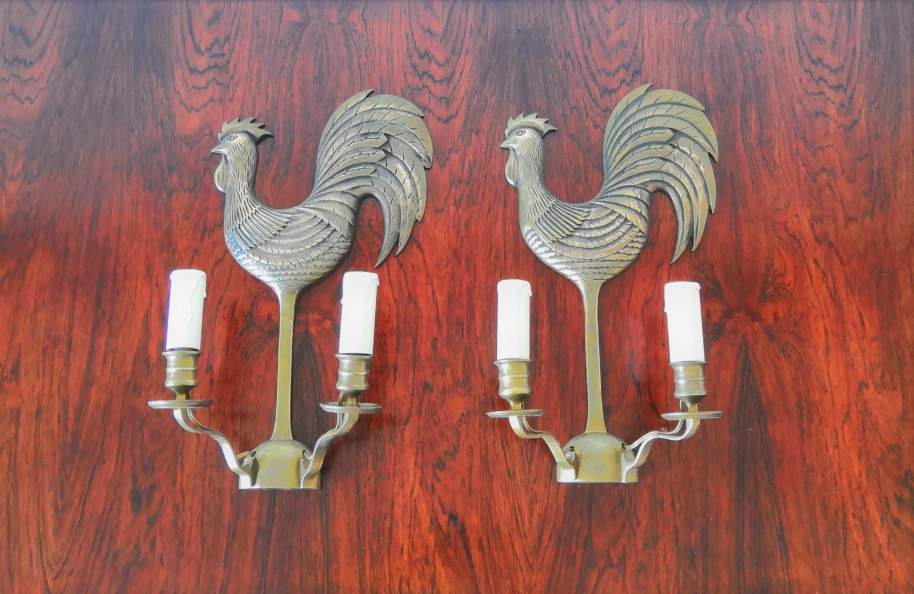 Late 20th Century Pair of Solid Bronze Rooster Shaped Wall Lights, France, 1970s