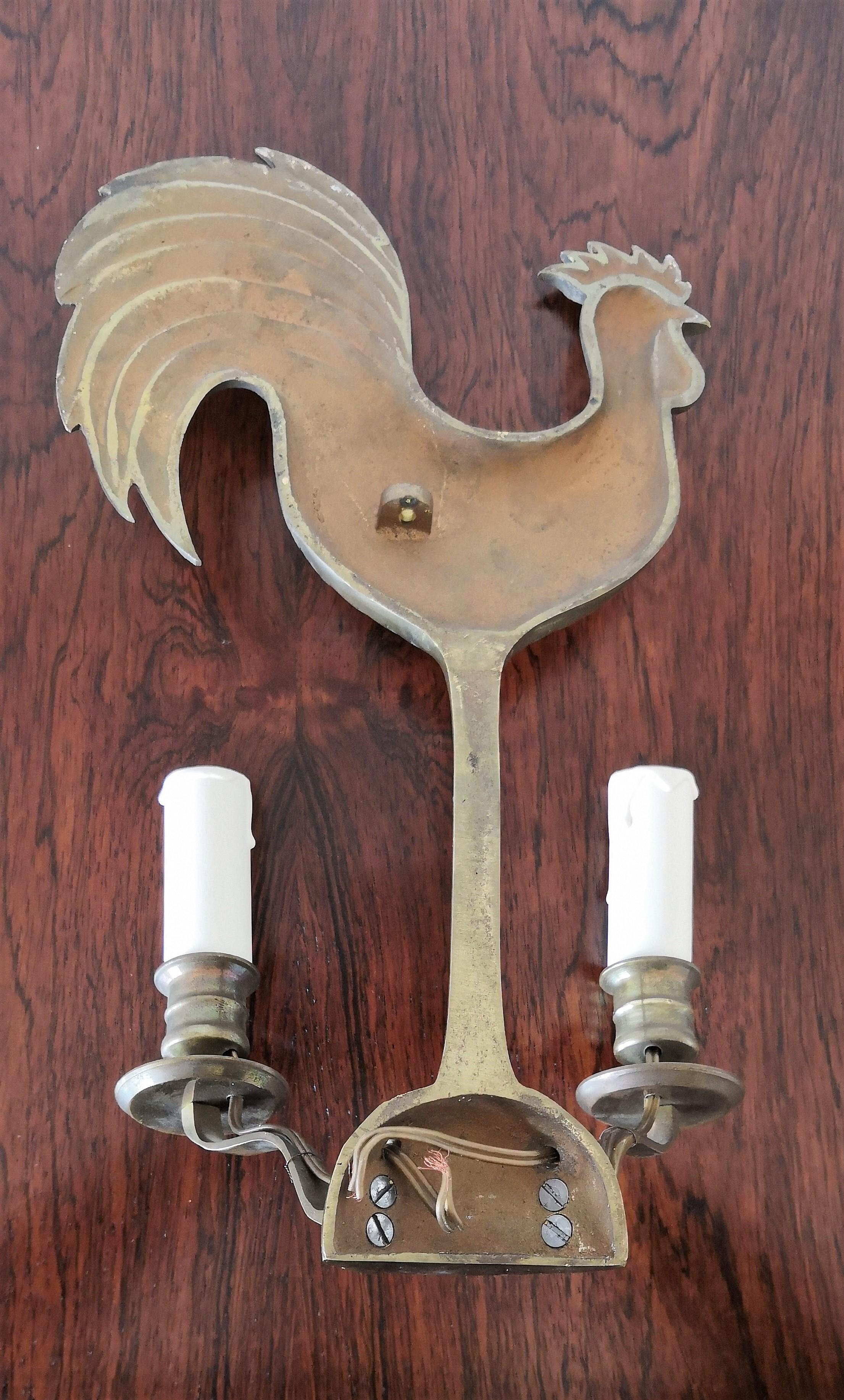 Pair of Solid Bronze Rooster Shaped Wall Lights, France, 1970s 1