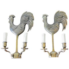 Pair of Solid Bronze Rooster Shaped Wall Lights, France, 1970s