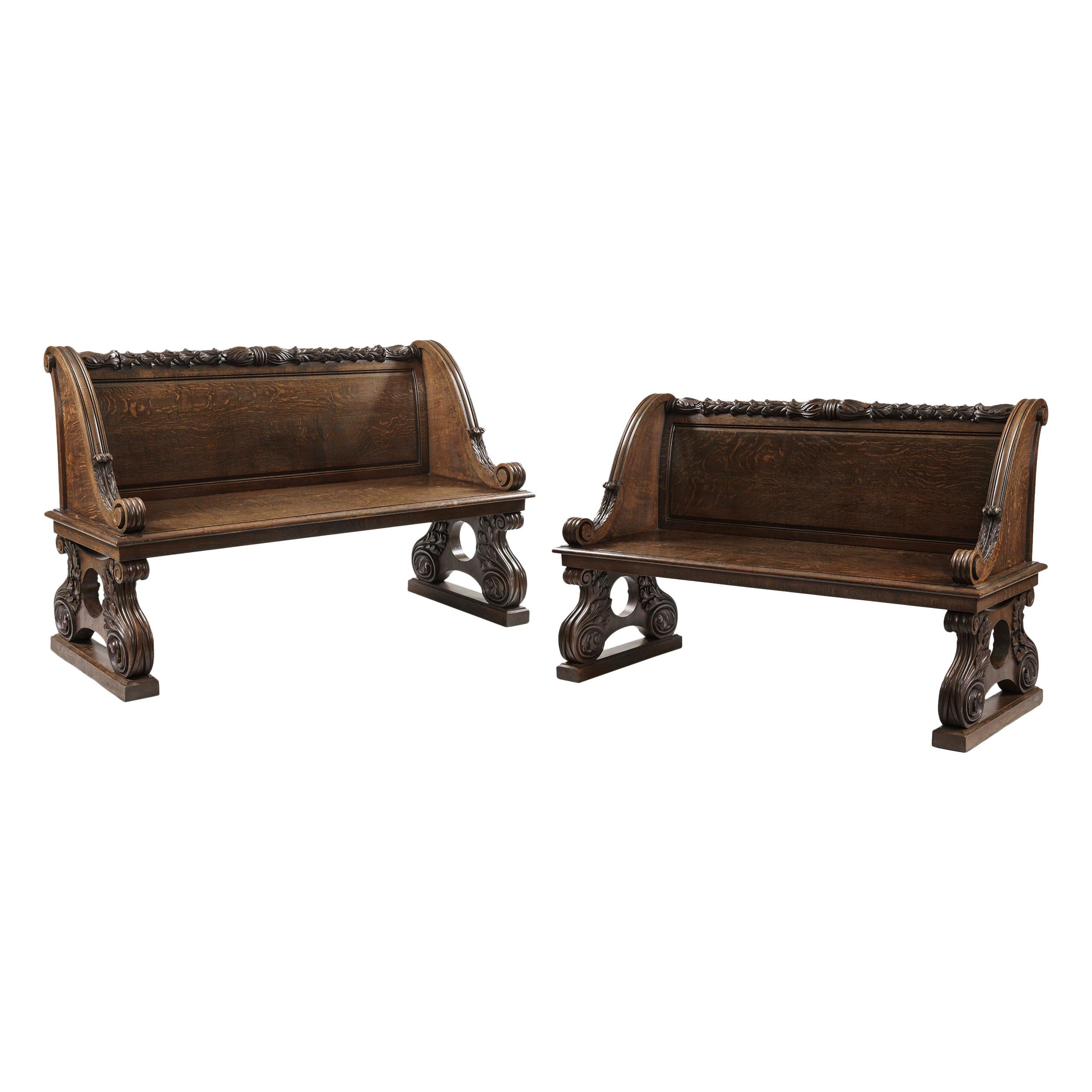 Pair of Solid Carved Oak Antique Benches Attributed to Gillows For Sale