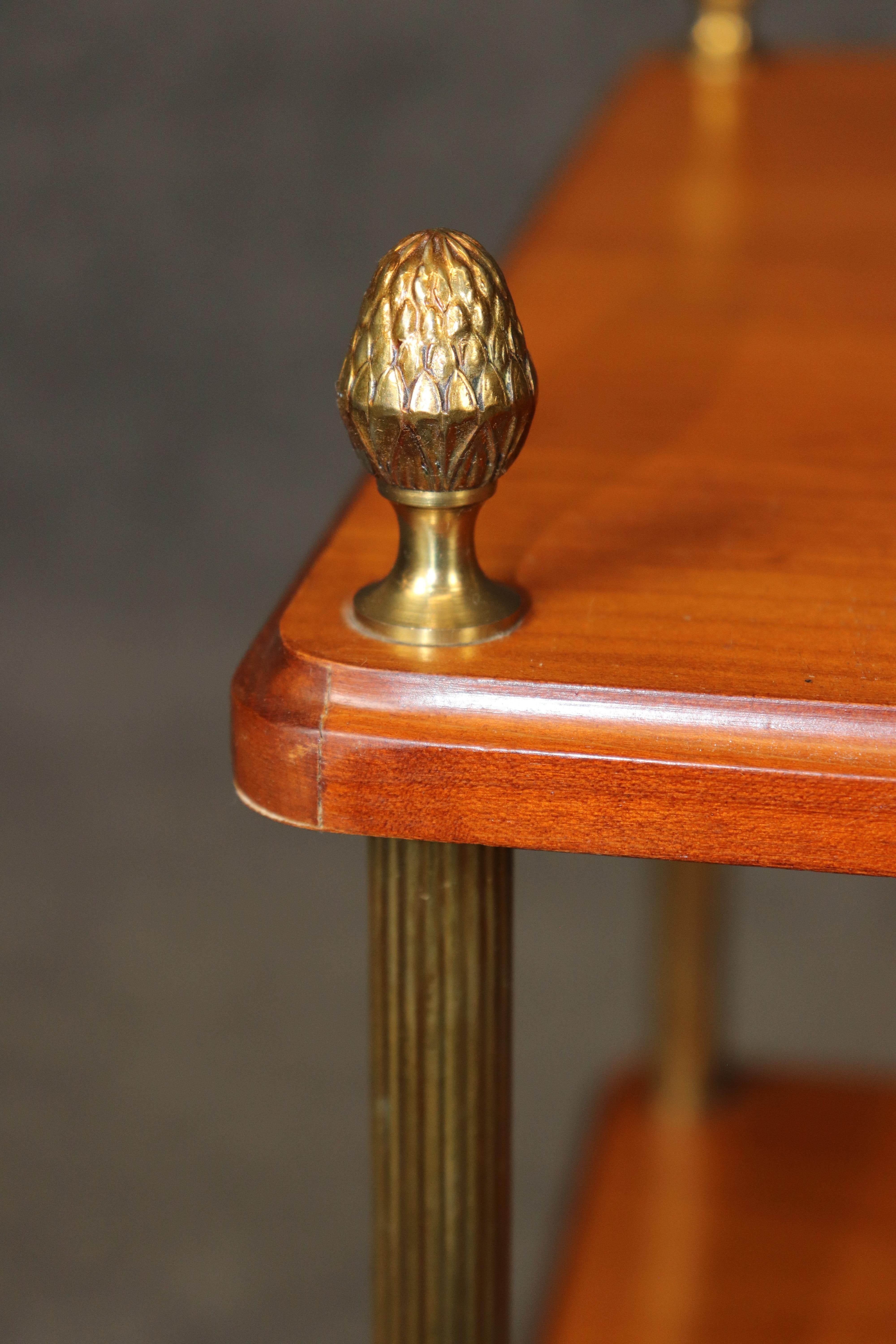 Pair of Solid Cherry Maison Jansen Attributed Brass Directoire Three Tier Tables en vente 4