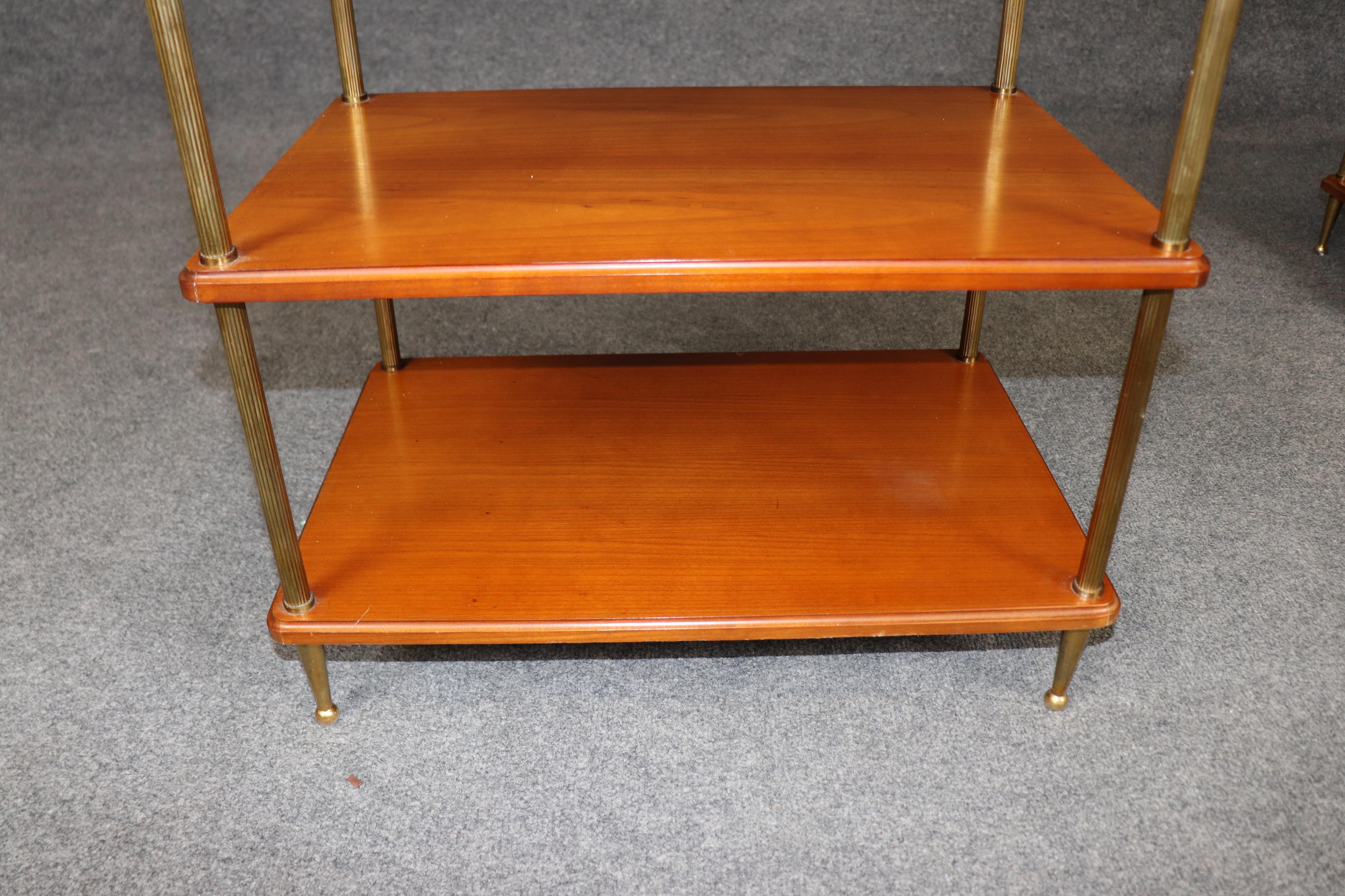 Pair of Solid Cherry Maison Jansen Attributed Brass Directoire Three Tier Tables en vente 7