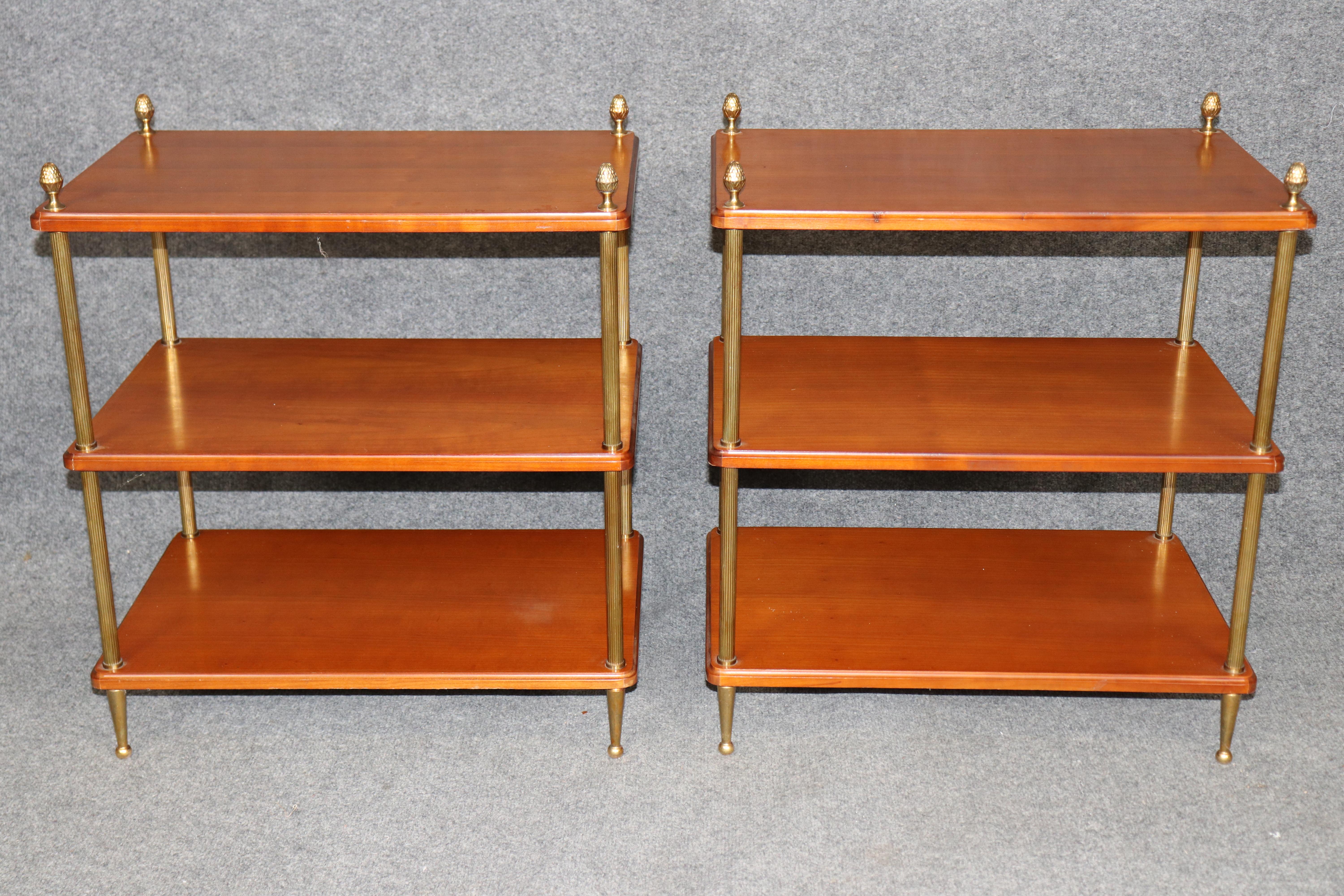 Français Pair of Solid Cherry Maison Jansen Attributed Brass Directoire Three Tier Tables en vente