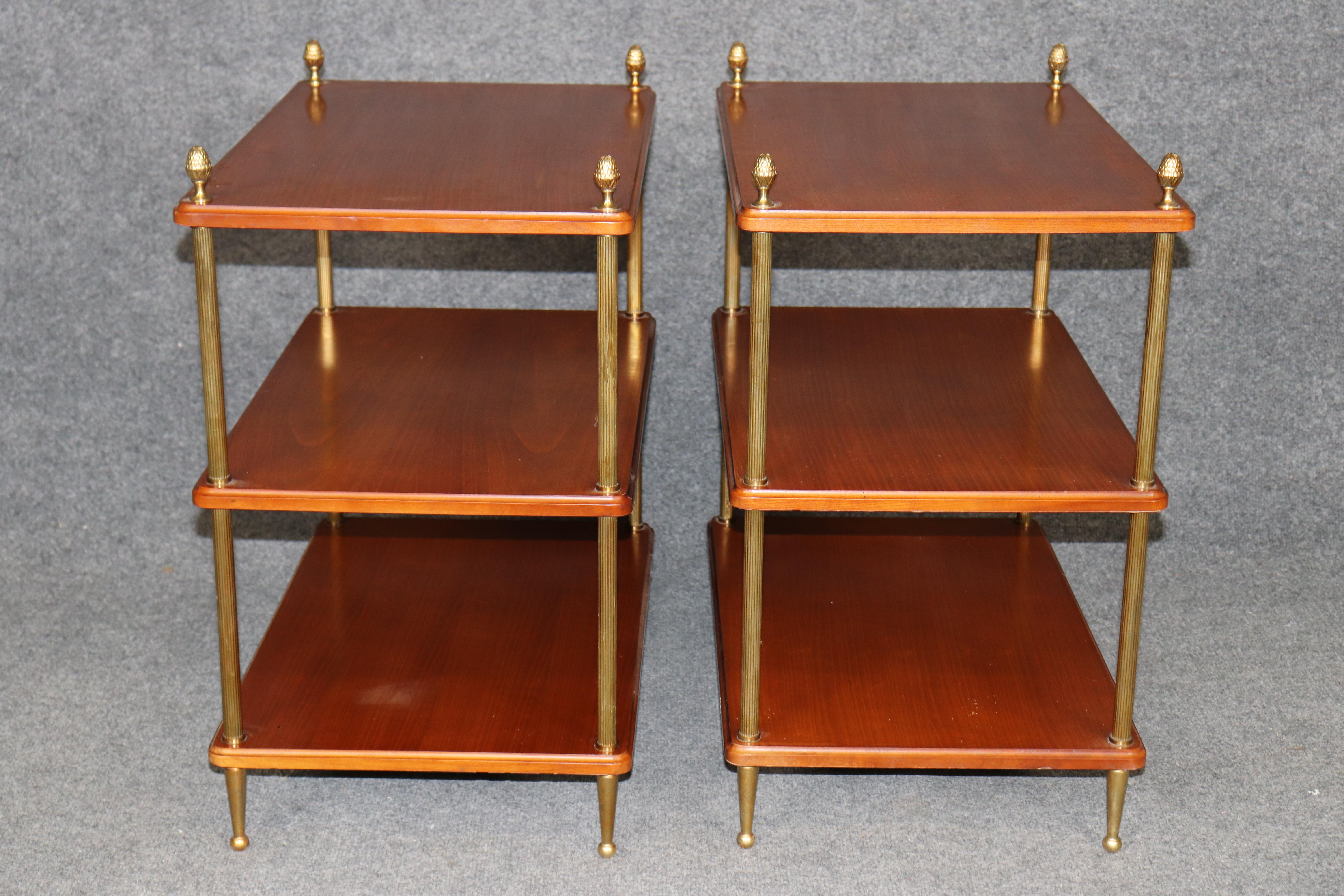 Pair of Solid Cherry Maison Jansen Attributed Brass Directoire Three Tier Tables Bon état - En vente à Swedesboro, NJ