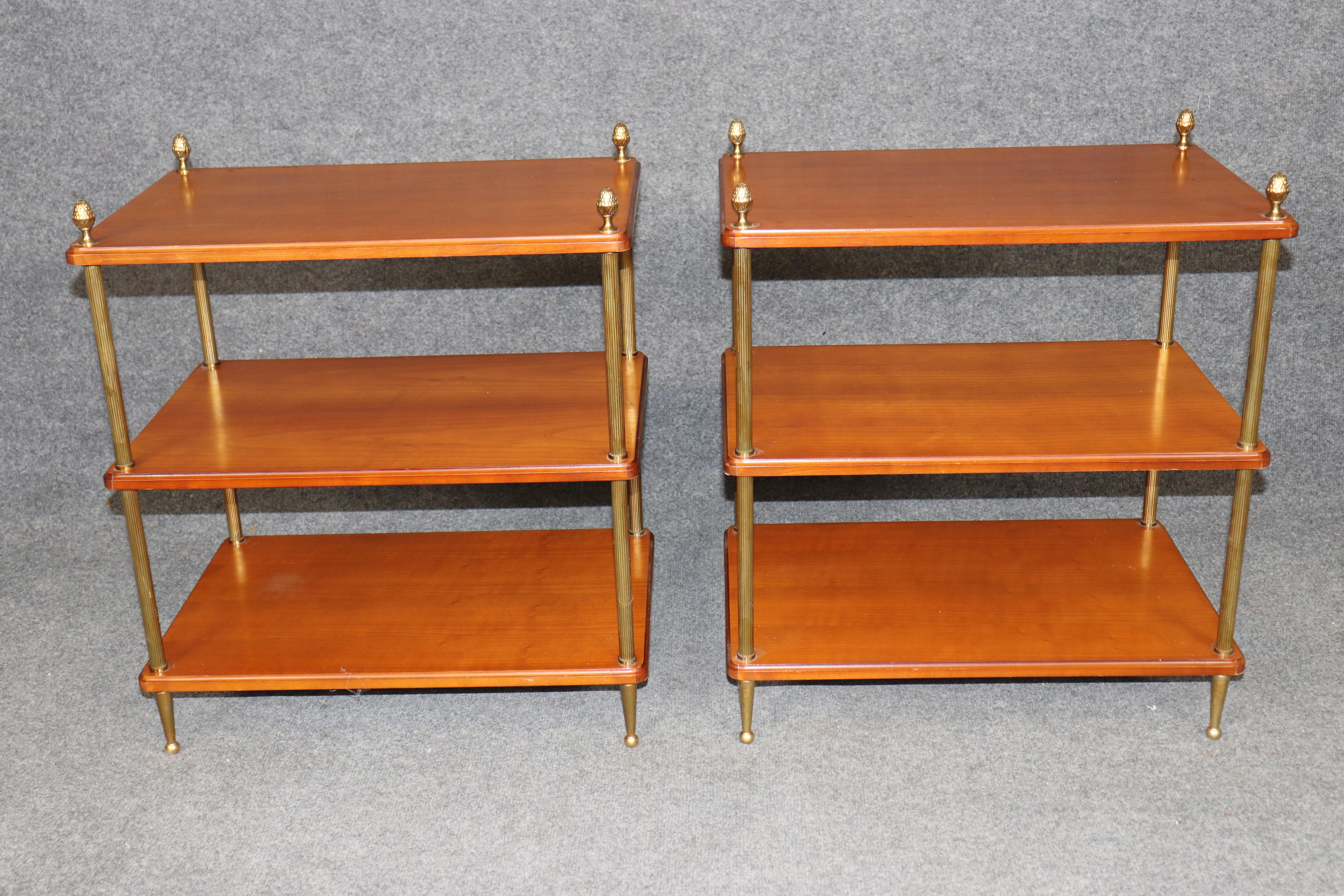 Milieu du XXe siècle Pair of Solid Cherry Maison Jansen Attributed Brass Directoire Three Tier Tables en vente