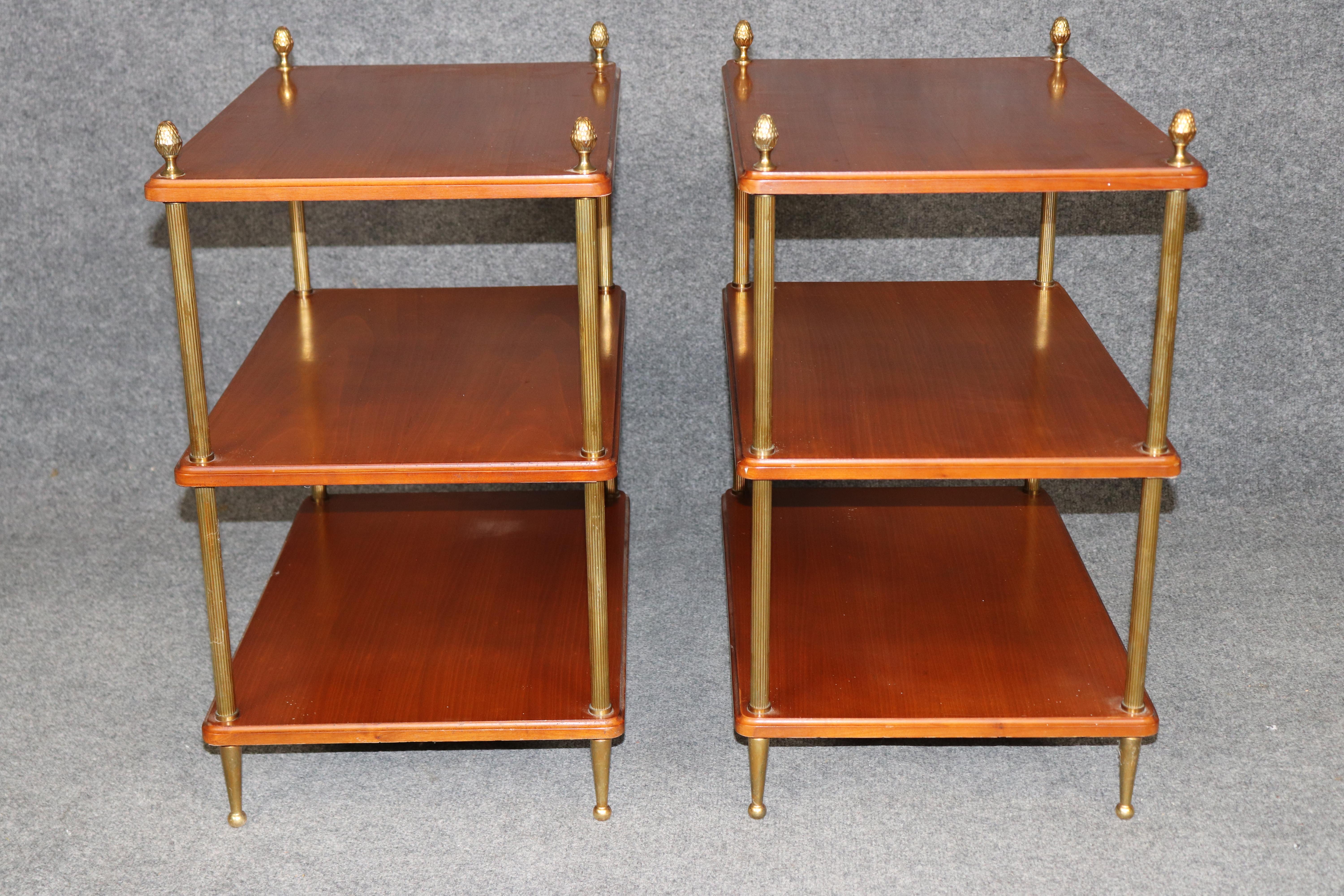 Laiton Pair of Solid Cherry Maison Jansen Attributed Brass Directoire Three Tier Tables en vente