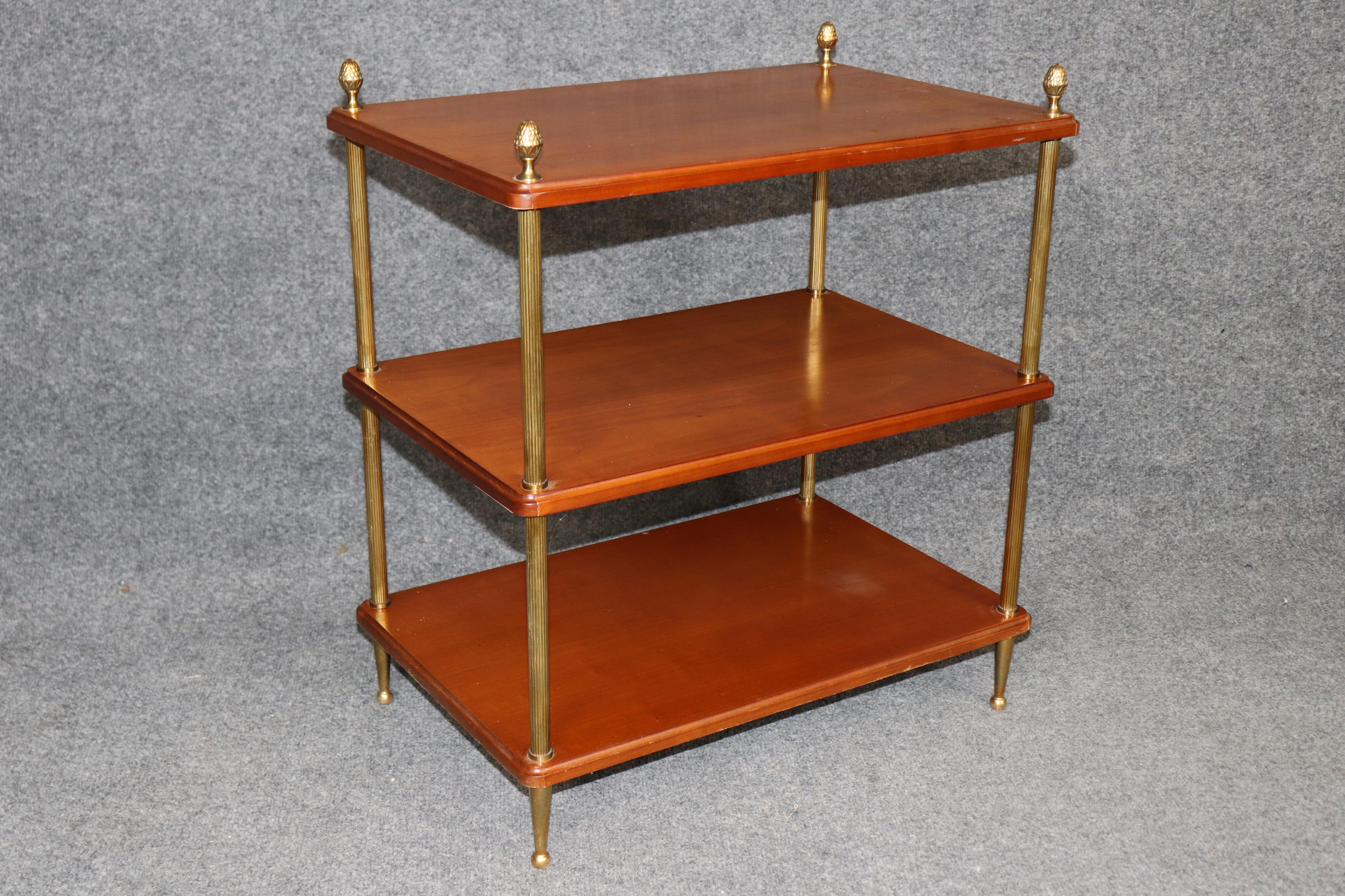 Pair of Solid Cherry Maison Jansen Attributed Brass Directoire Three Tier Tables en vente 1
