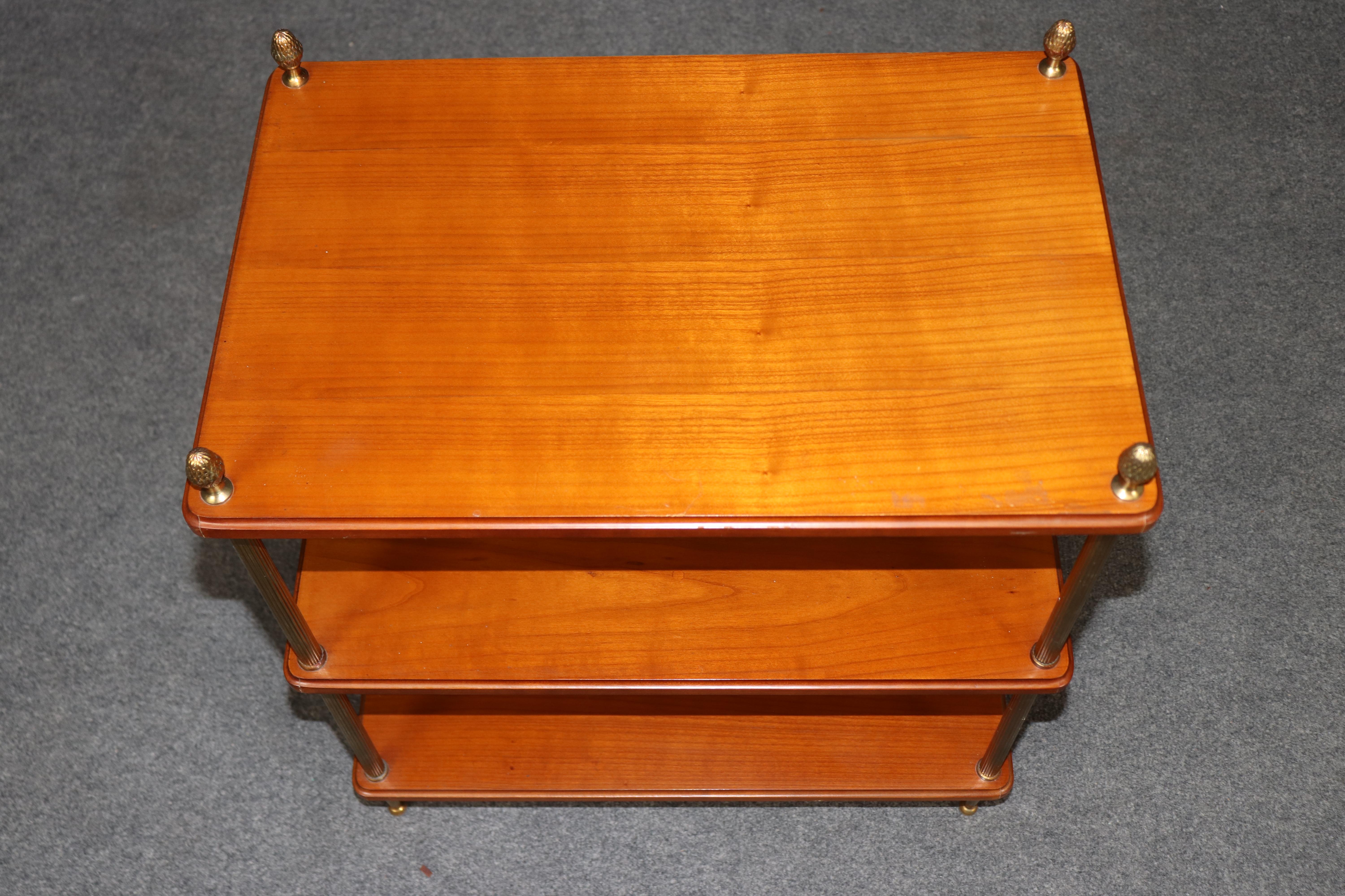 Pair of Solid Cherry Maison Jansen Attributed Brass Directoire Three Tier Tables en vente 2