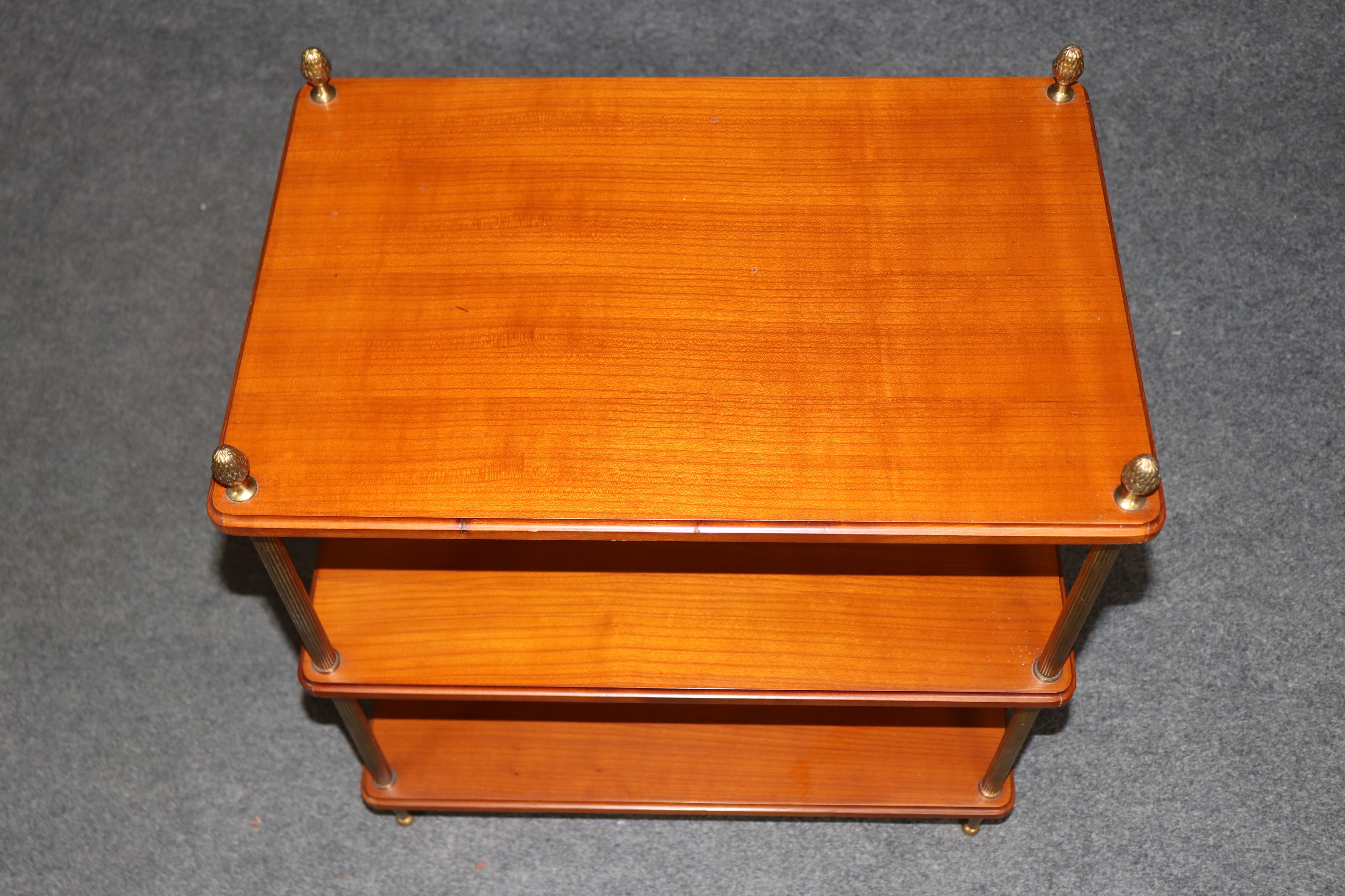 Pair of Solid Cherry Maison Jansen Attributed Brass Directoire Three Tier Tables en vente 3