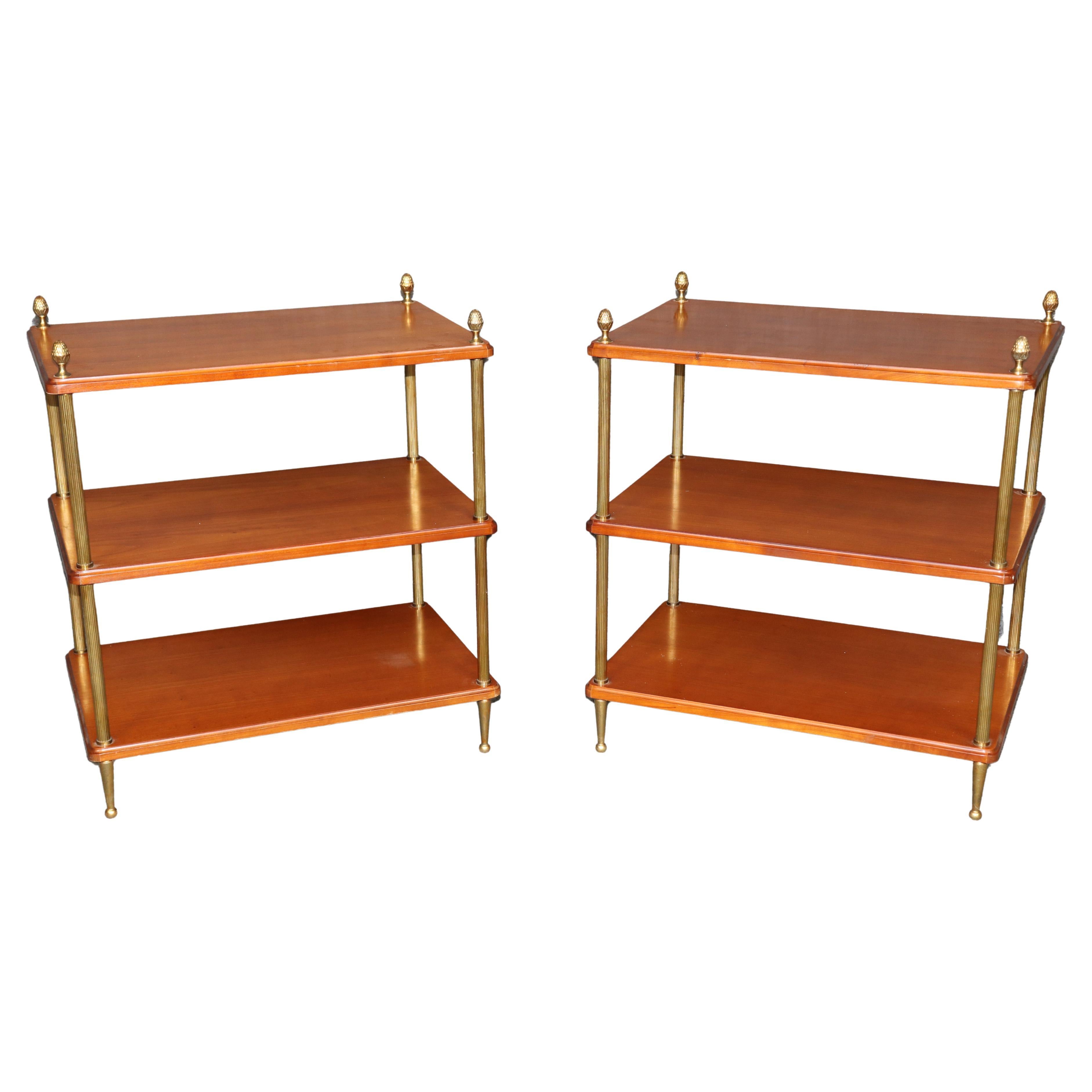 Pair of Solid Cherry Maison Jansen Attributed Brass Directoire Three Tier Tables en vente