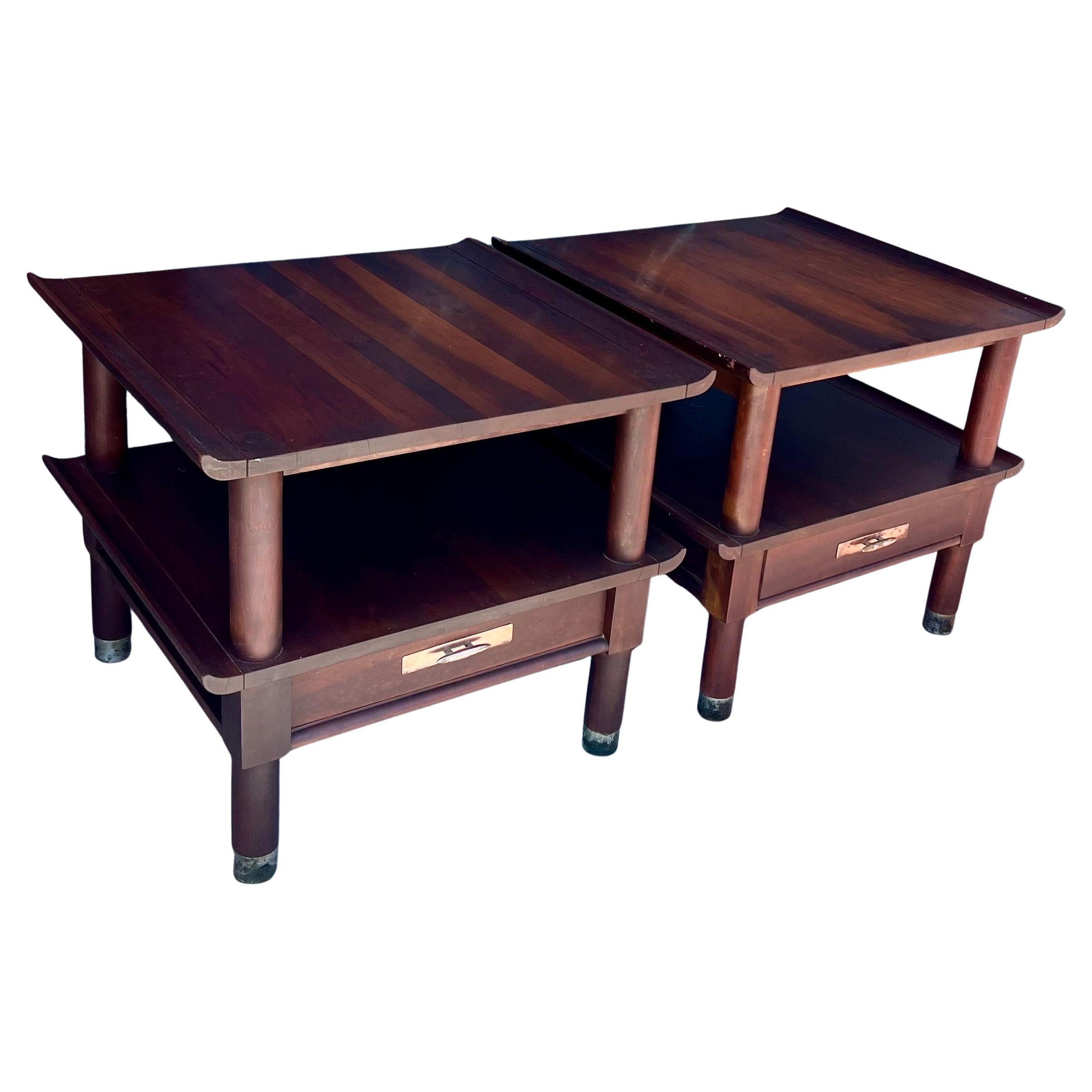 American Mid Century solid Cherry rare set of nightstands end tables by Willett furniture Asian mid century style high end quality , original finish and patina sold AS/IS condition can be refinished if desired we are selling it in its original