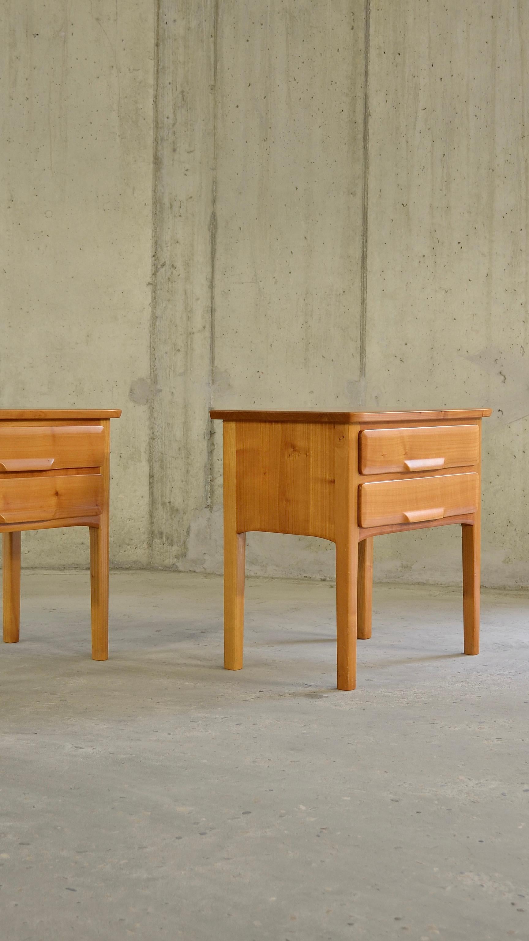 Swiss Pair of solid cherry nightstands, Sproll, Switzerland, 1980's