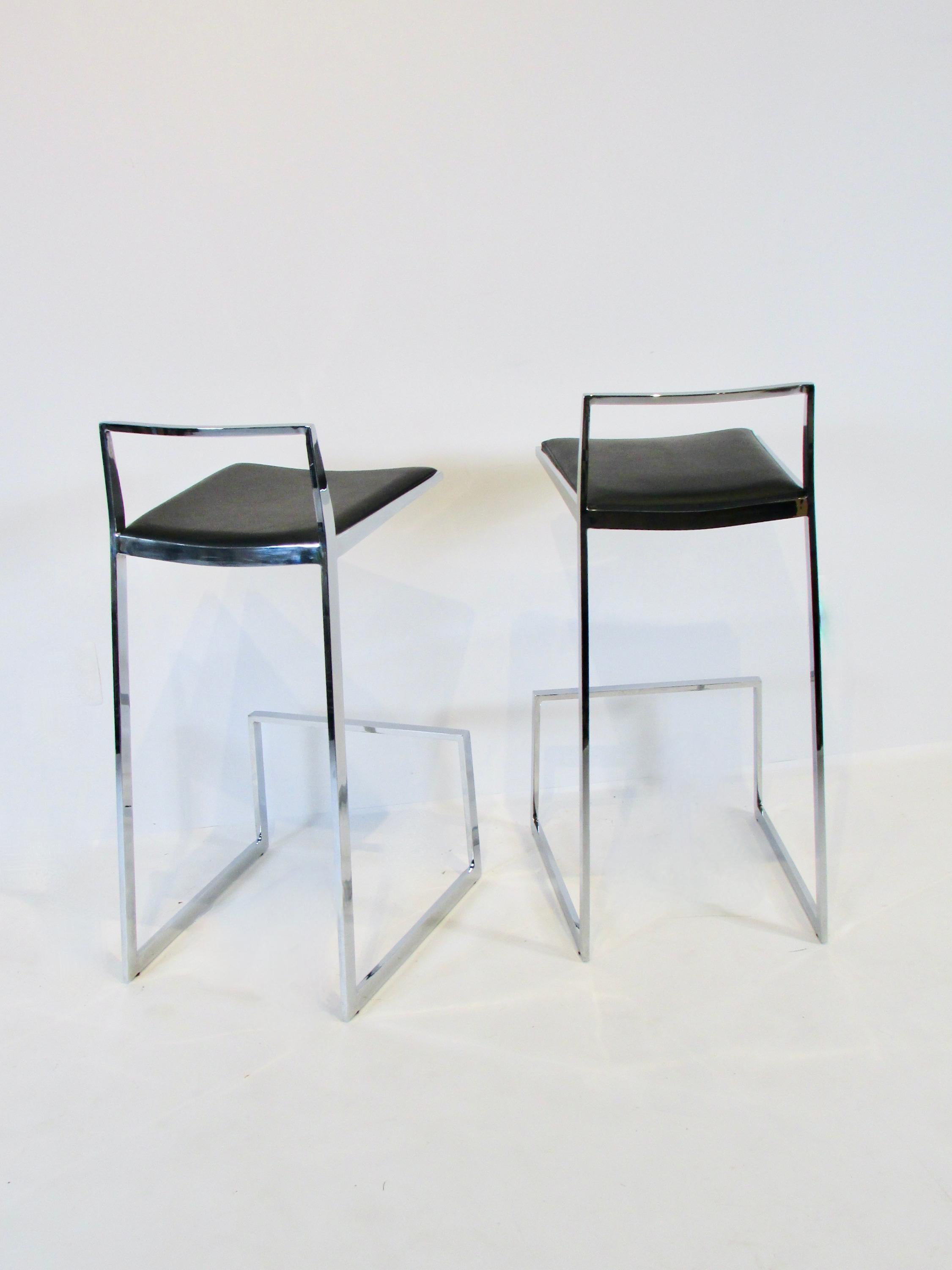 Pair of Solid Chrome Cantilever Frame Bar or Counter Stools with Black Leather 2