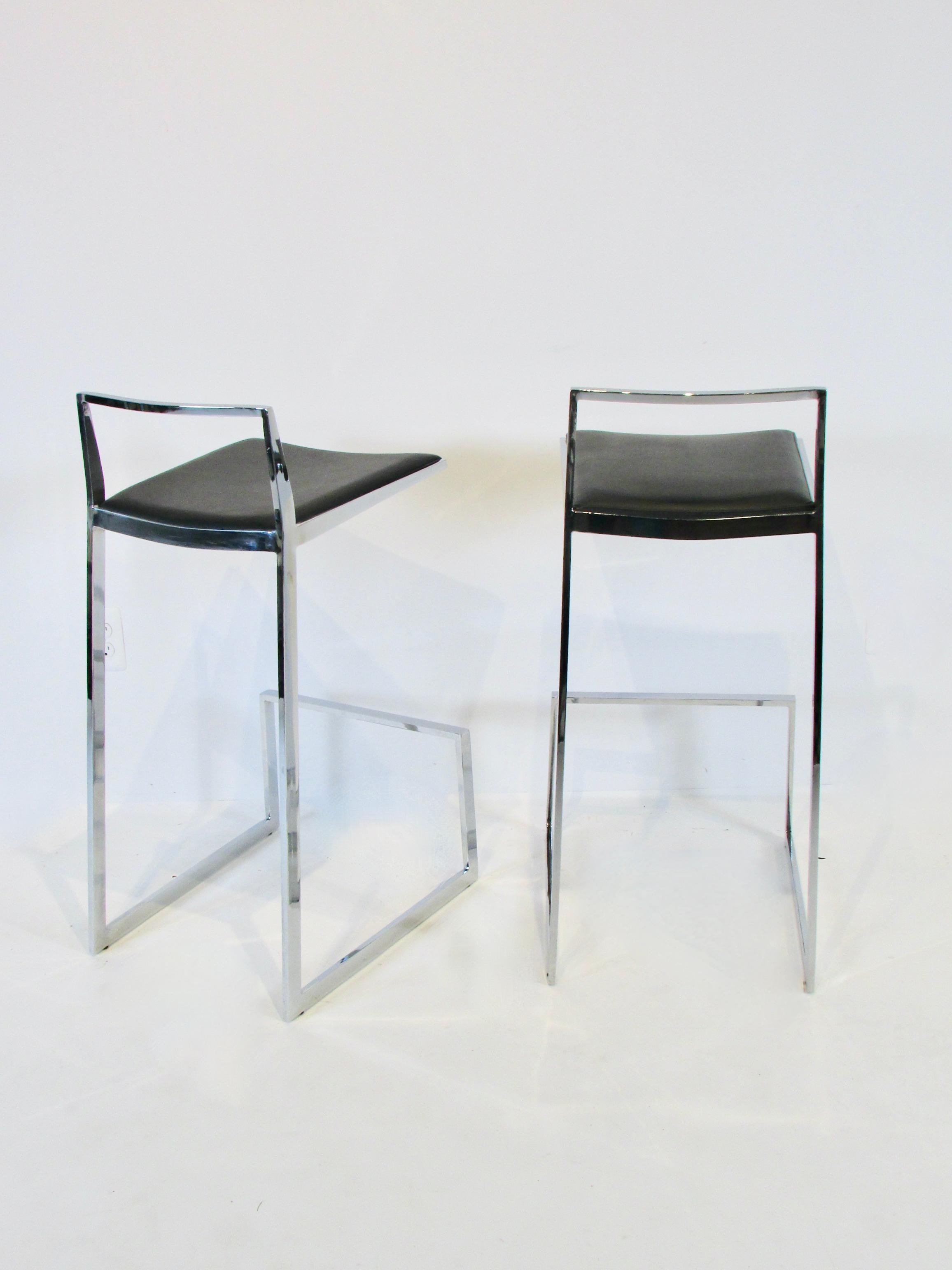 Pair of Solid Chrome Cantilever Frame Bar or Counter Stools with Black Leather 3