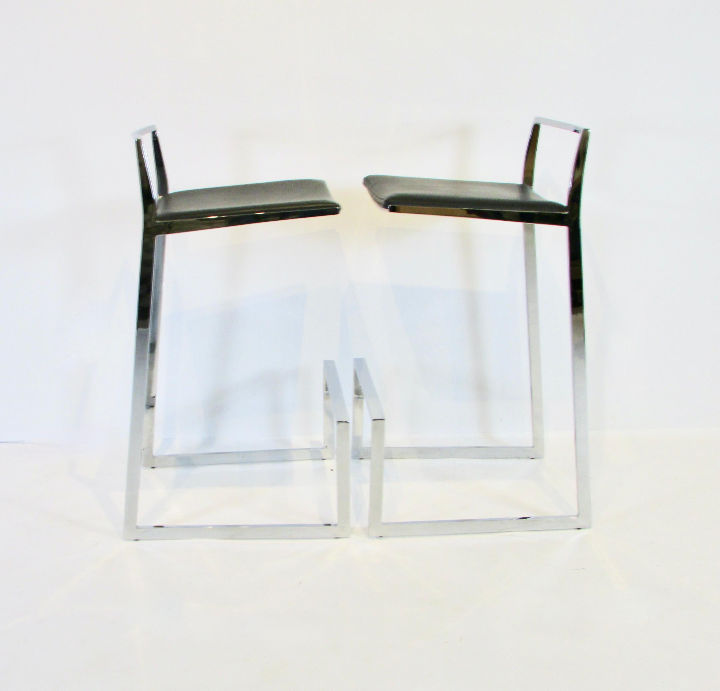 Mid-Century Modern Pair of Solid Chrome Cantilever Frame Bar or Counter Stools with Black Leather