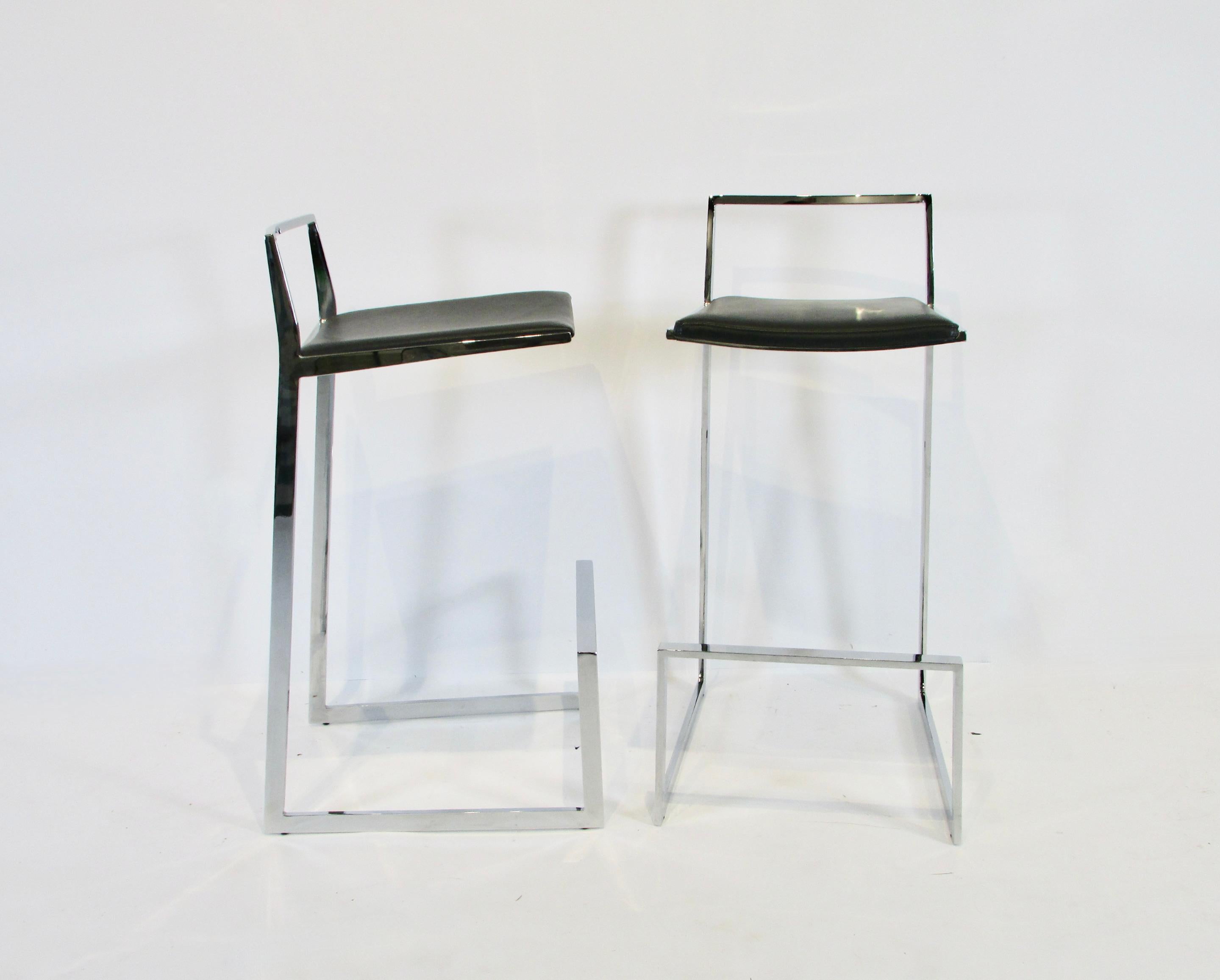 American Pair of Solid Chrome Cantilever Frame Bar or Counter Stools with Black Leather