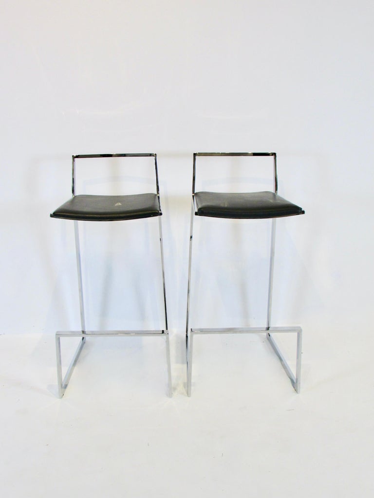 Pair of Solid Chrome Cantilever Frame Bar or Counter Stools with Black