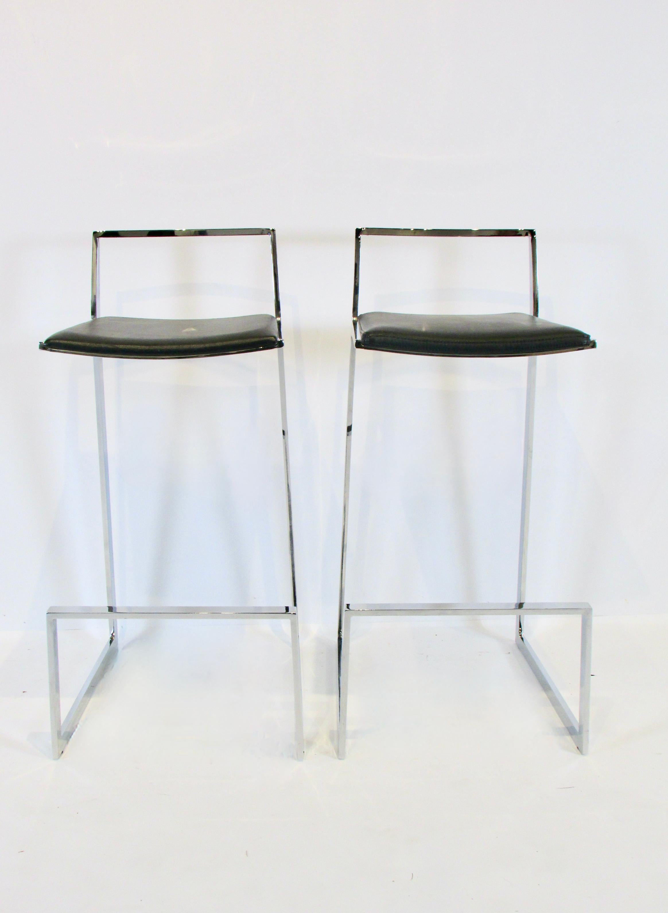 Pair of Solid Chrome Cantilever Frame Bar or Counter Stools with Black Leather In Good Condition In Ferndale, MI
