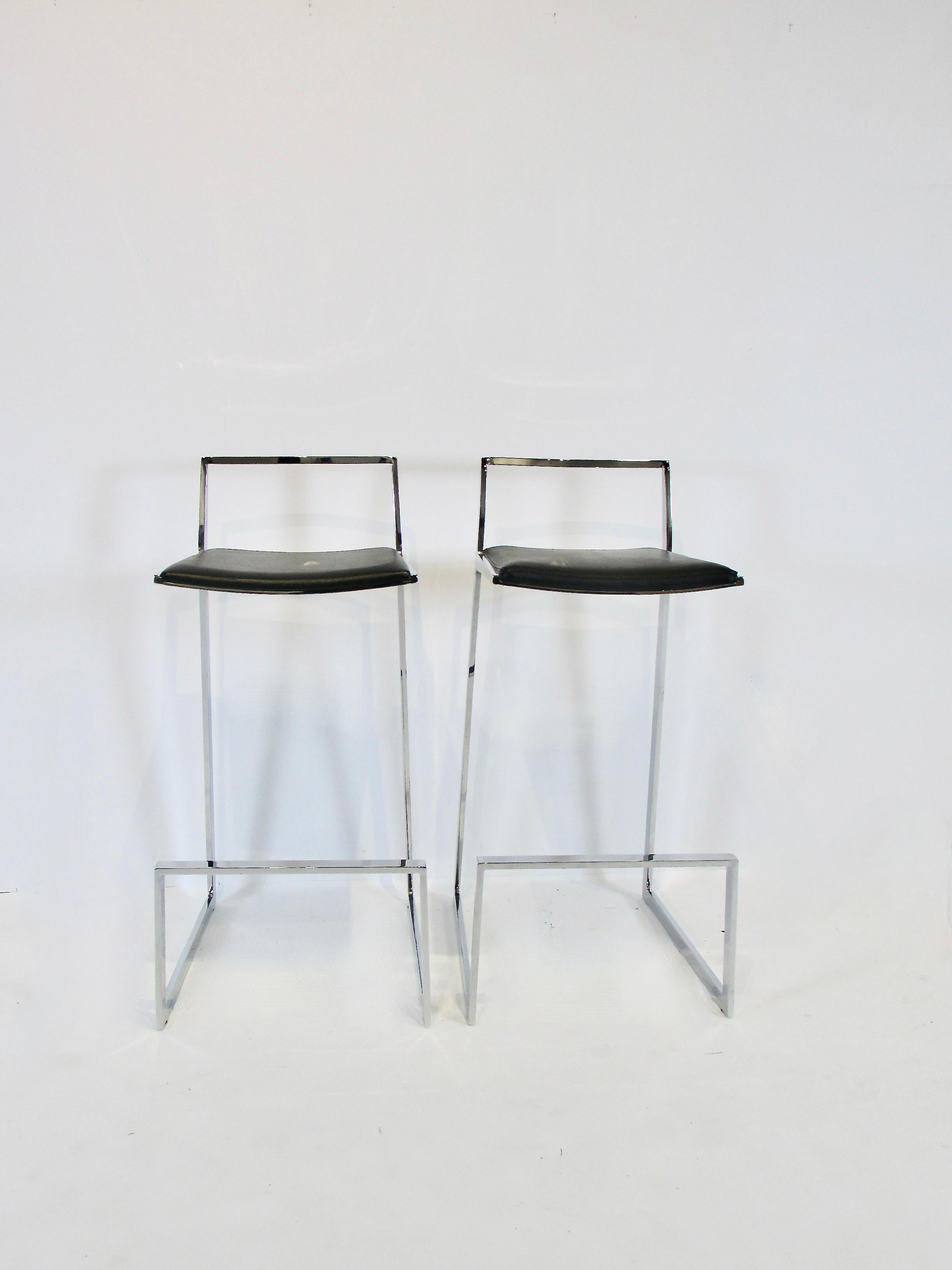 20th Century Pair of Solid Chrome Cantilever Frame Bar or Counter Stools with Black Leather