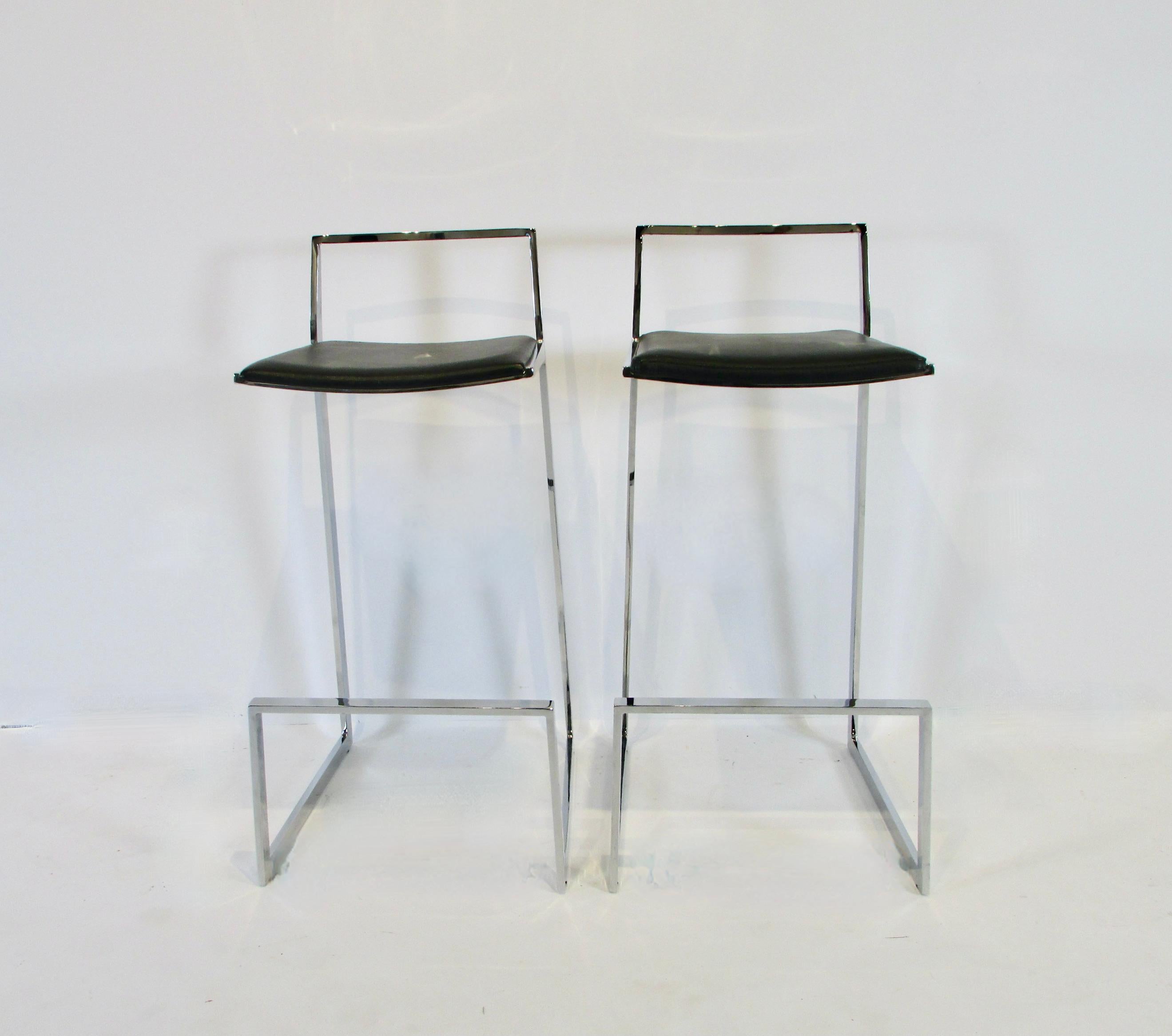 Pair of Solid Chrome Cantilever Frame Bar or Counter Stools with Black Leather 1
