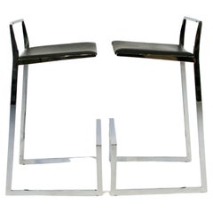 Pair of Solid Chrome Cantilever Frame Bar or Counter Stools with Black Leather
