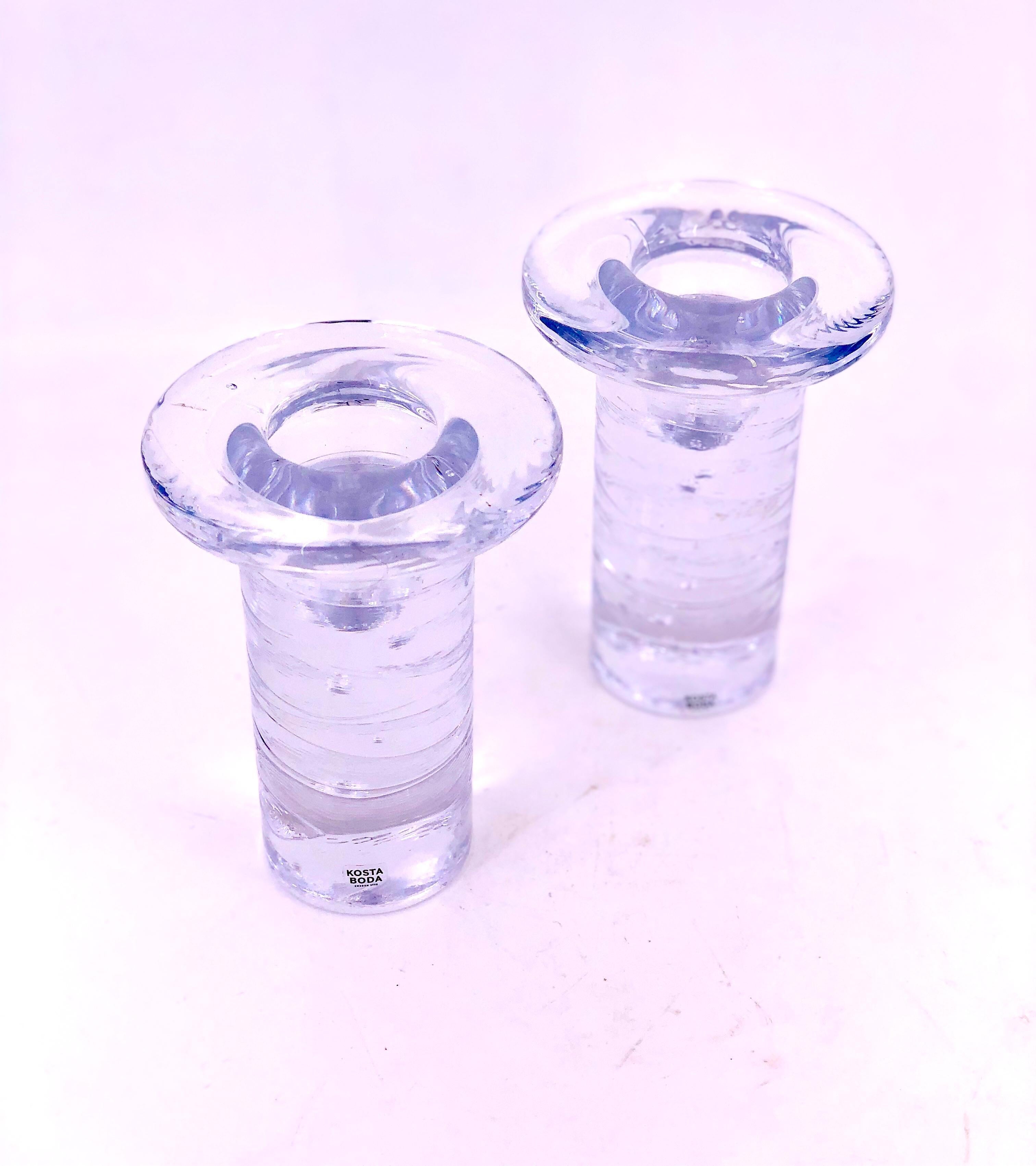 Danish Pair of Solid Clear Glass Candleholders by Kosta Boda