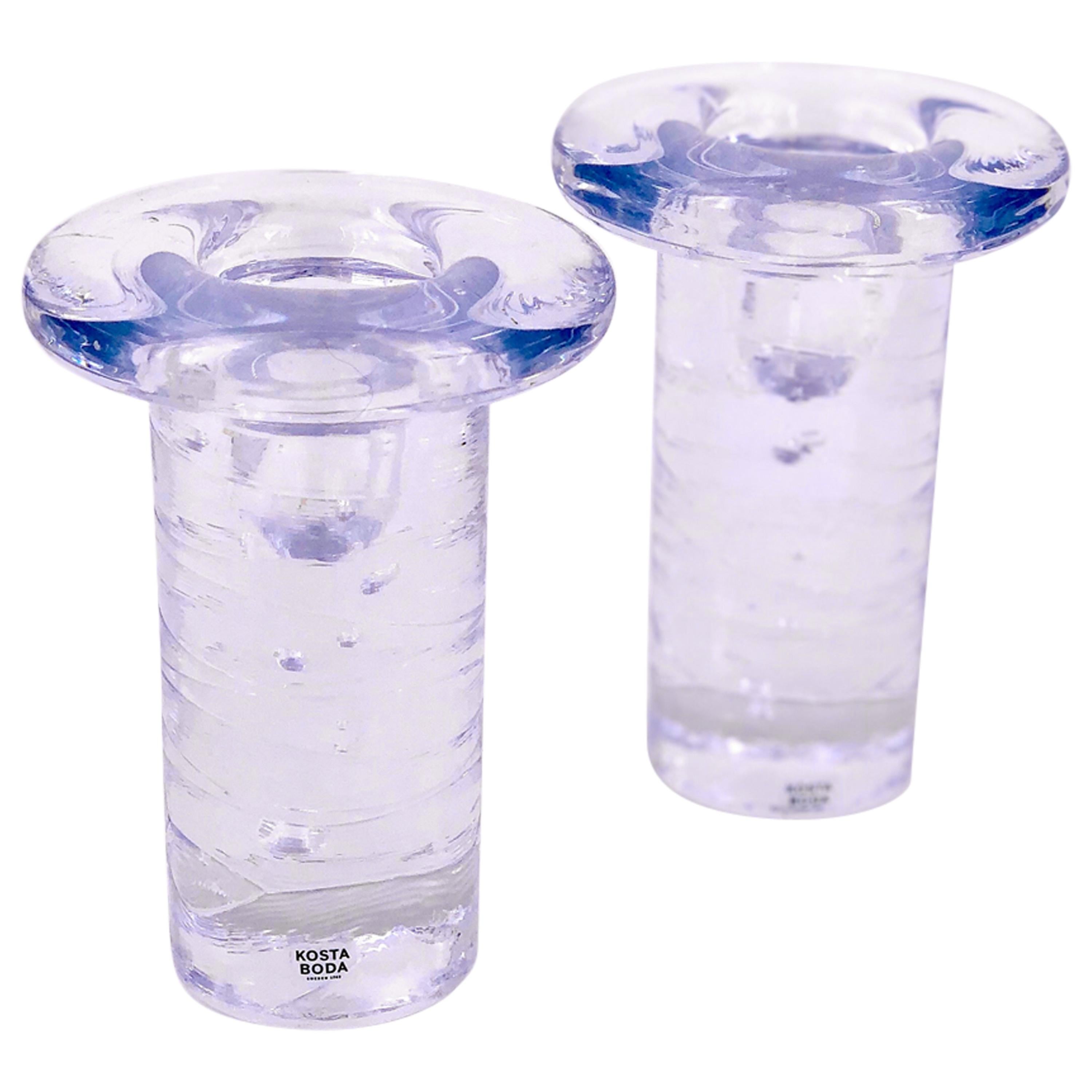 Pair of Solid Clear Glass Candleholders by Kosta Boda