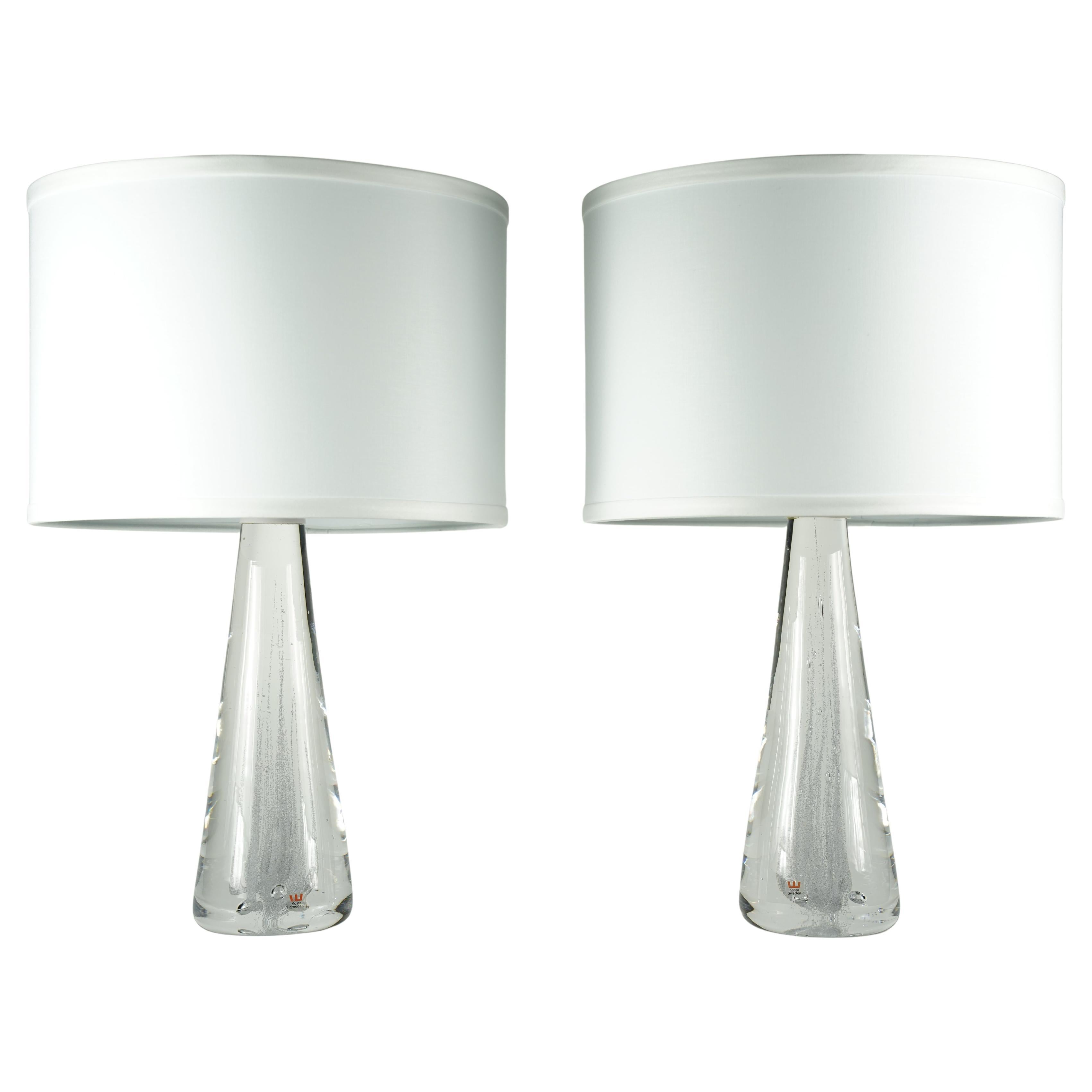 Pair of Solid Clear glass Kosta Lamps, Sweden, 1980