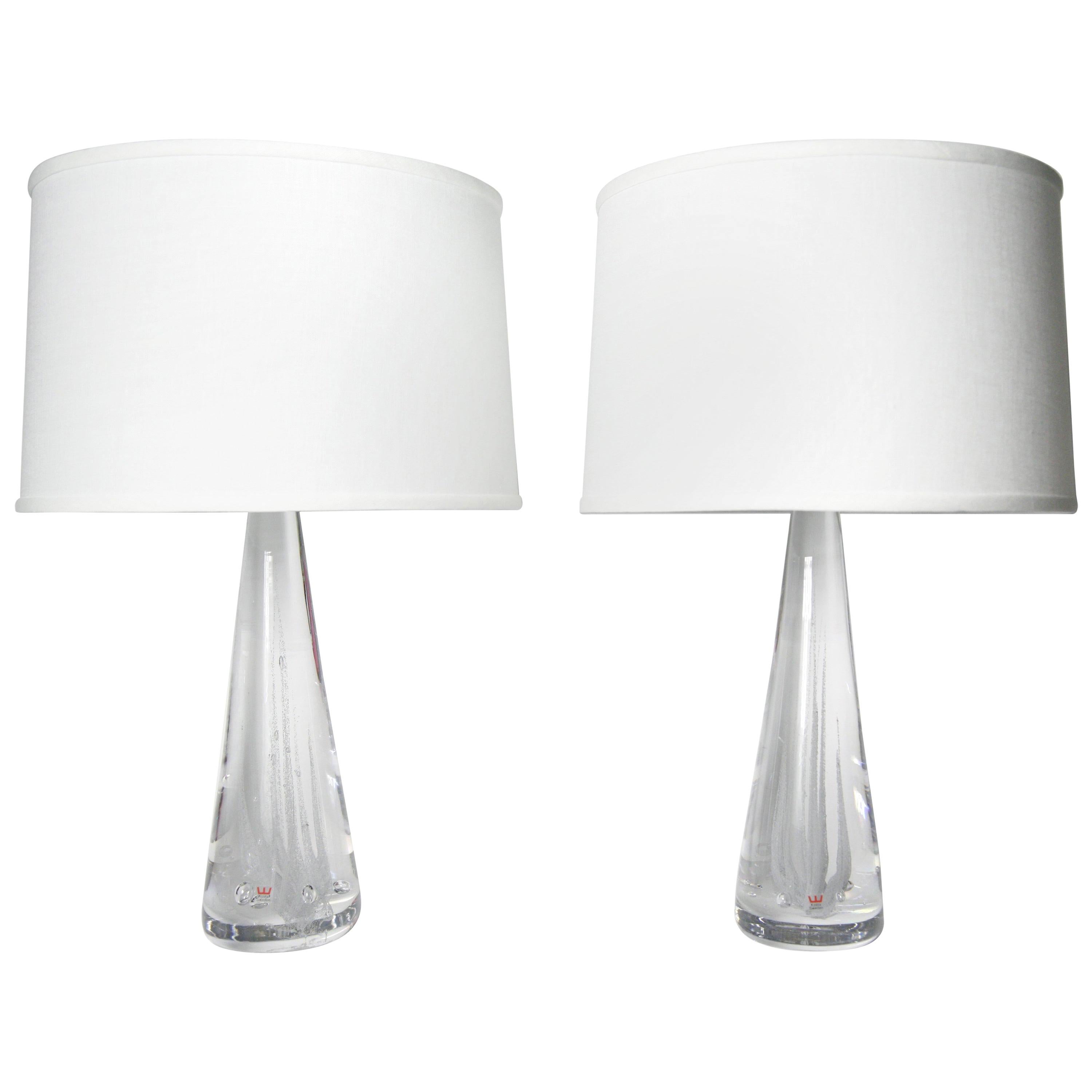 Pair of Solid Clear Kosta Crystal Lamps, Sweden, 1980