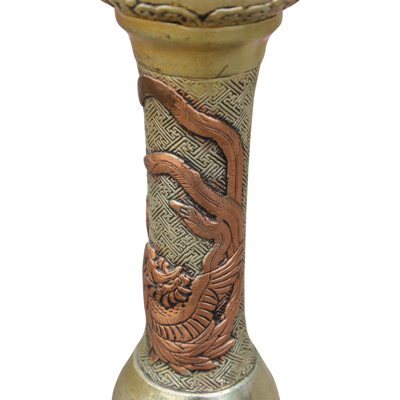 Mid-20th Century Pair of Solid Copper Asian Style Lamps with Dragon Motifs and Silver Wash