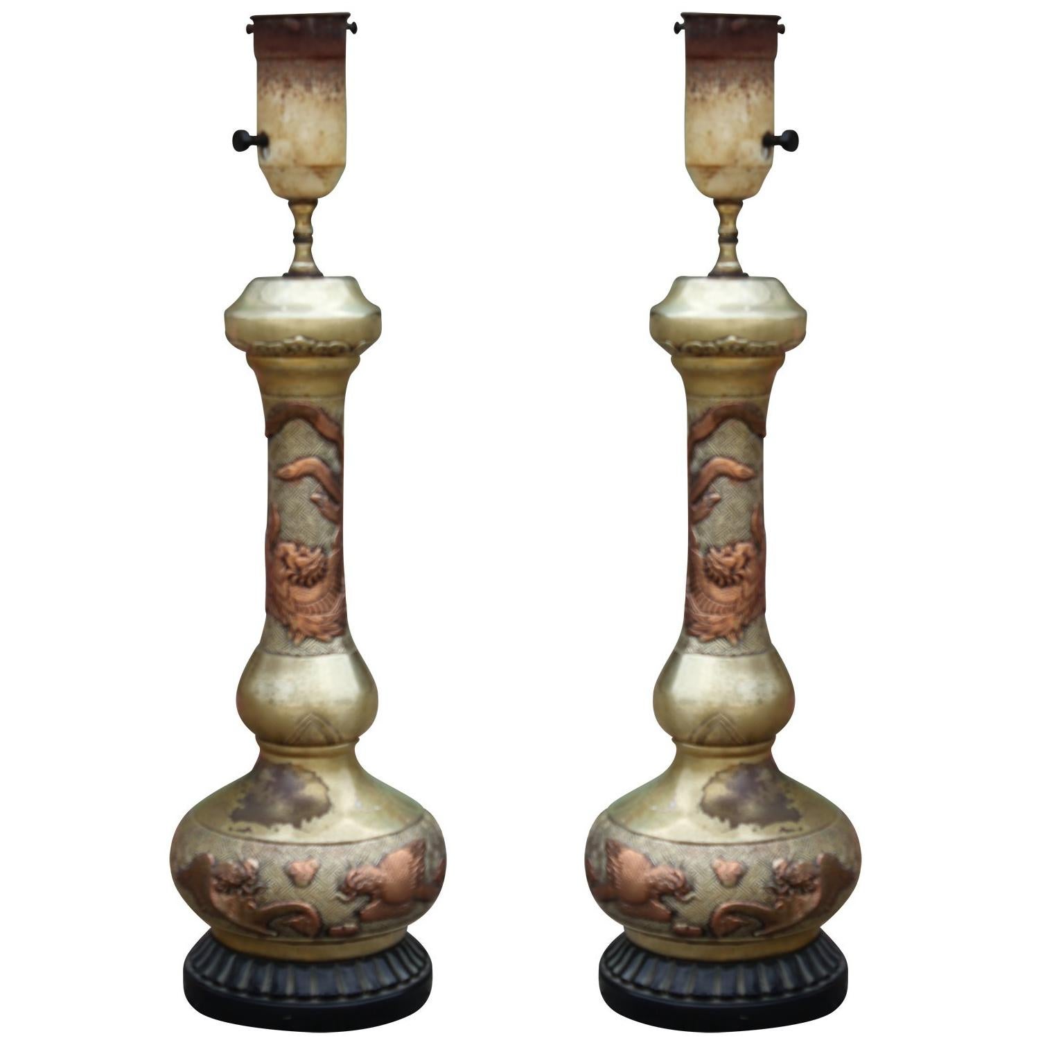 Pair of Solid Copper Asian Style Lamps with Dragon Motifs and Silver Wash