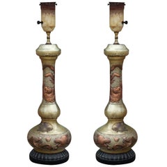 Pair of Solid Copper Asian Style Lamps with Dragon Motifs and Silver Wash