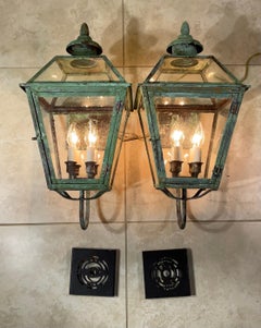 Pair of Solid Copper & Verdigris Wall Lanterns - Victorian Era Style Charm.