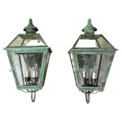 Pair of Solid Copper & Verdigris Wall Lanterns - Victorian Era Style Charm.