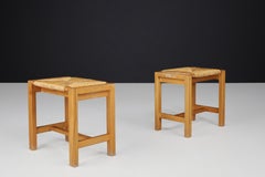 Coppia di sgabelli in olmo massiccio e giunco di Maison Regain, Francia, anni '70