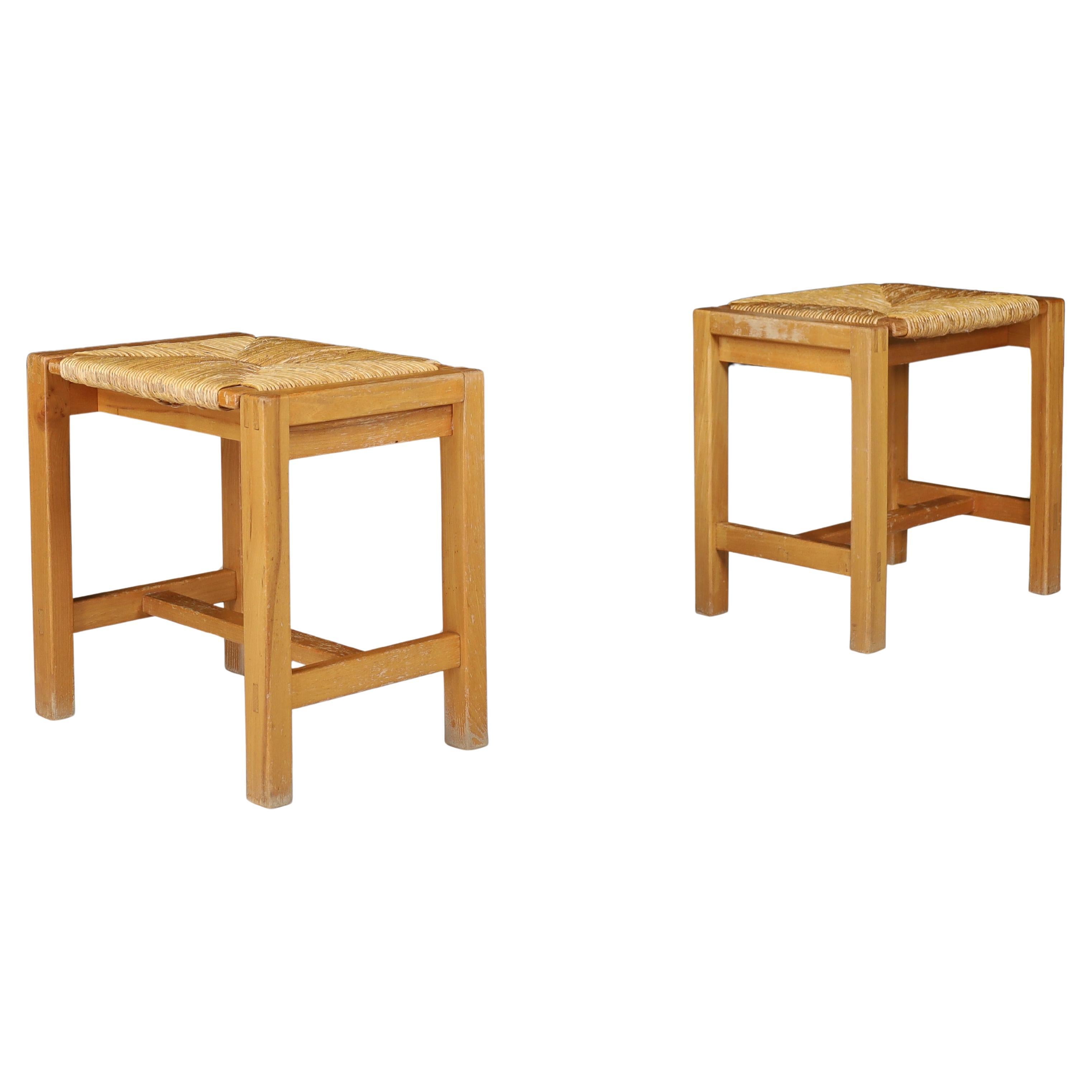 Pair of Solid Elm and Rush Stools by Maison Regain, France, 1970s